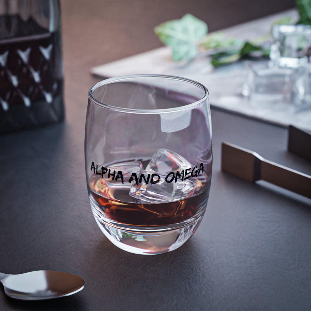Alpha and Omega Whiskey Glass — Religious Script Rocks Glass, Faith Gift for Him (Customizable)