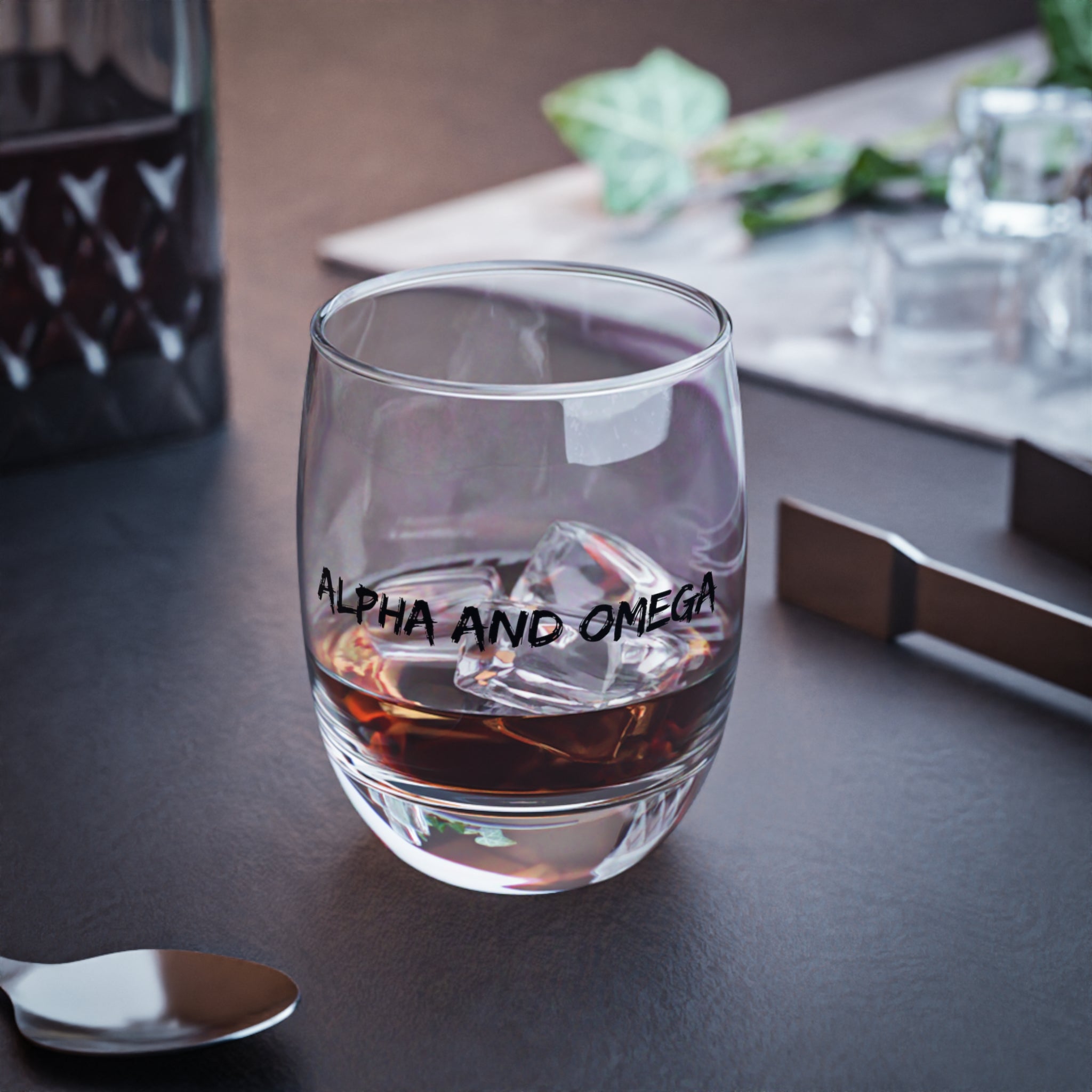 Alpha and Omega Whiskey Glass — Religious Script Rocks Glass, Faith Gift for Him (Customizable)