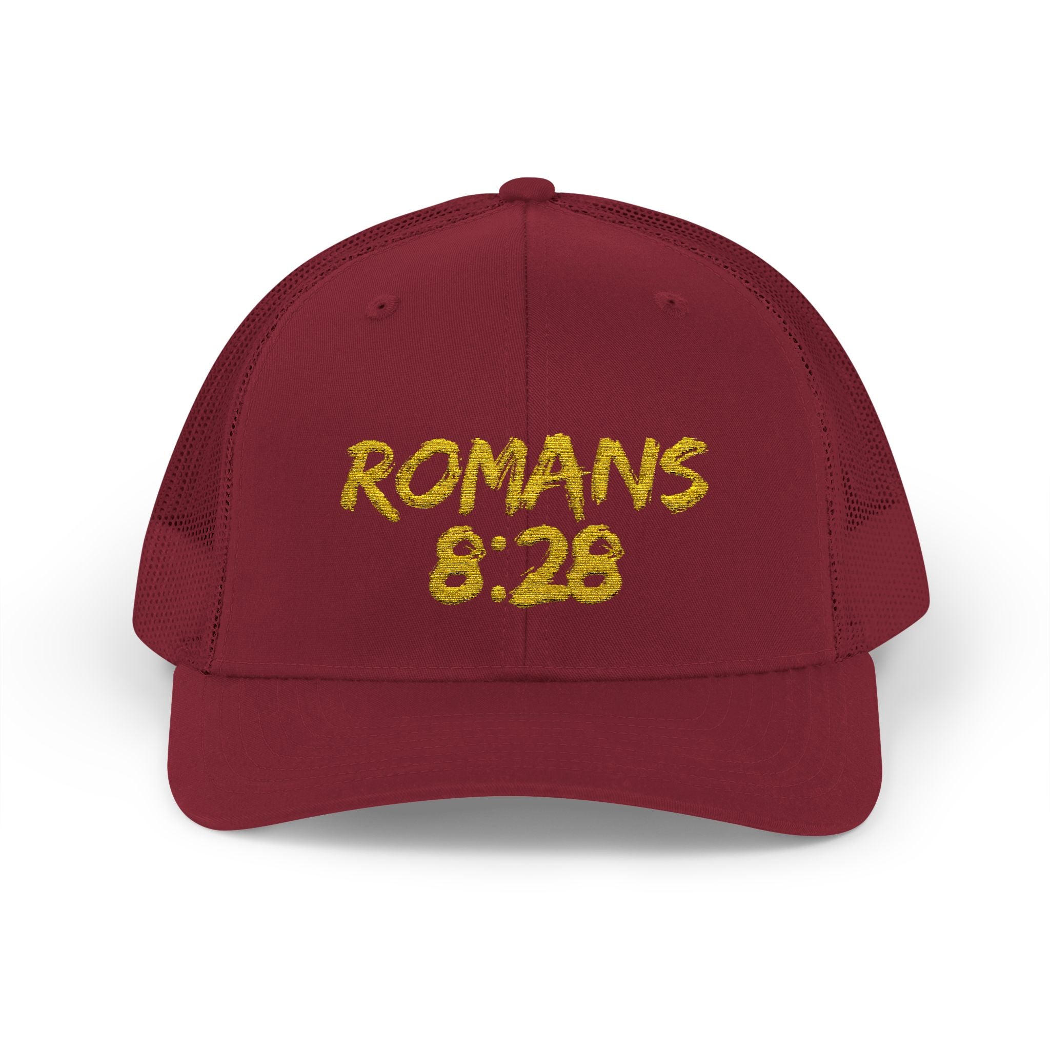 Romans 8:28 Trucker Cap — Christian Faith Snapback Hat Mesh Back