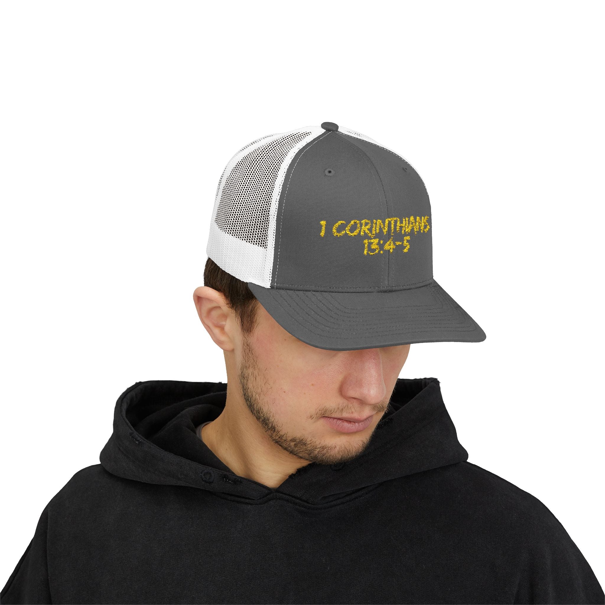 1 Corinthians 13:4-5 Trucker Cap — Customizable Mesh Back Hat