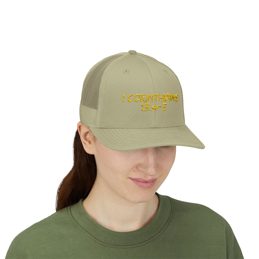 1 Corinthians 13:4-5 Trucker Cap — Customizable Mesh Back Hat