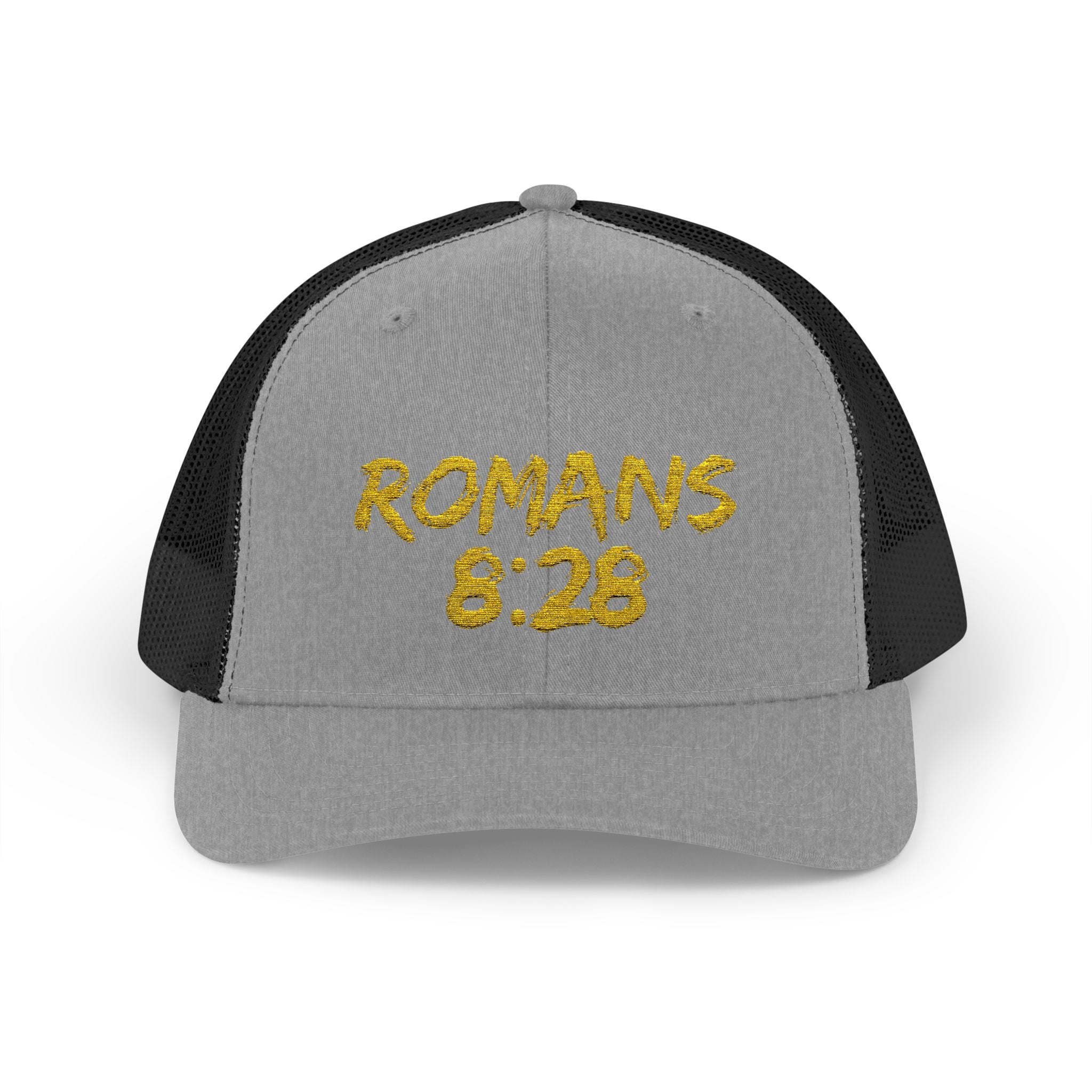 Romans 8:28 Trucker Cap — Christian Faith Snapback Hat Mesh Back