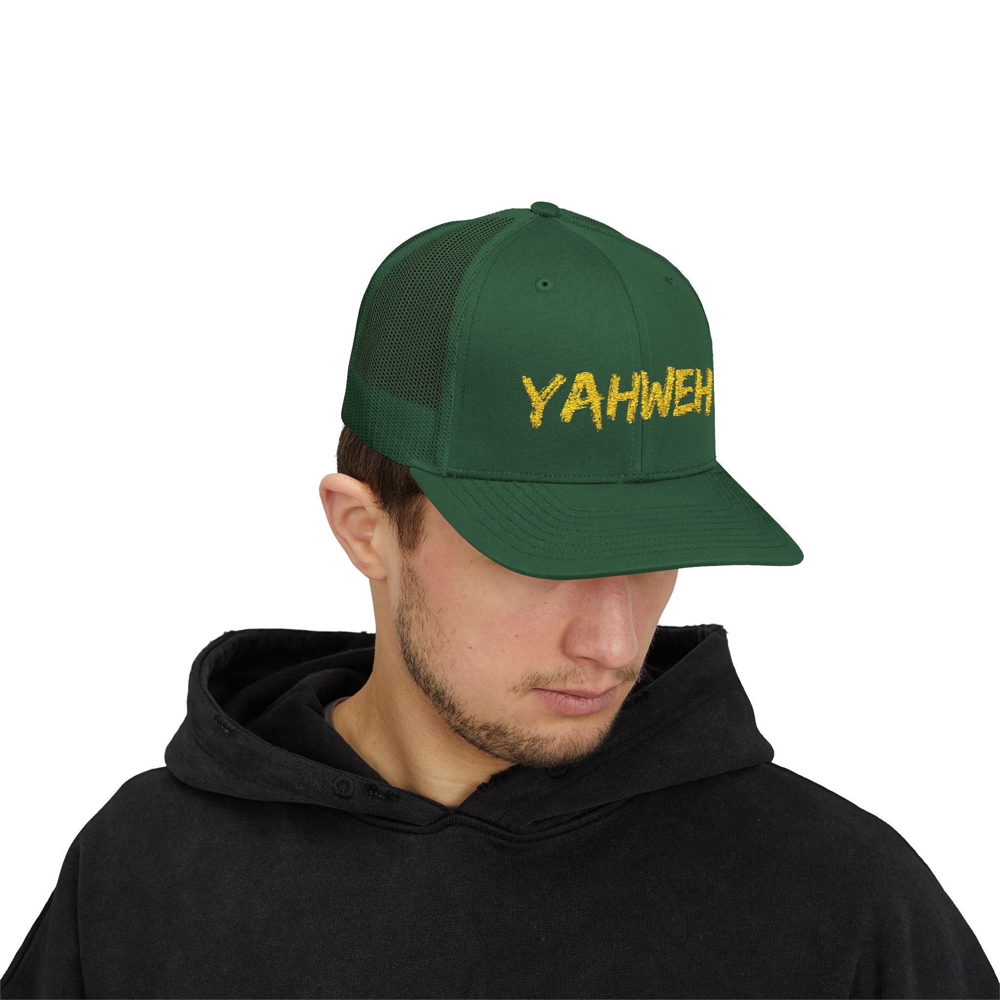 YAHWEH Gold Script Snapback Trucker Cap — Faith-Inspired Mesh Back Hat