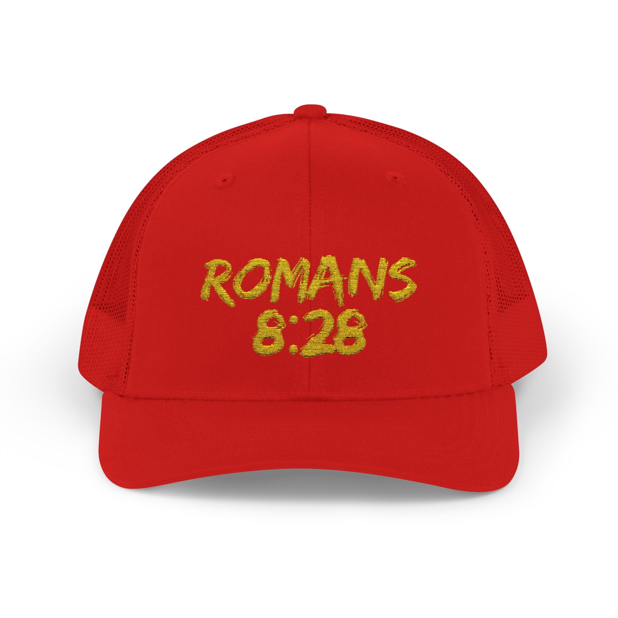 Romans 8:28 Trucker Cap — Christian Faith Snapback Hat Mesh Back