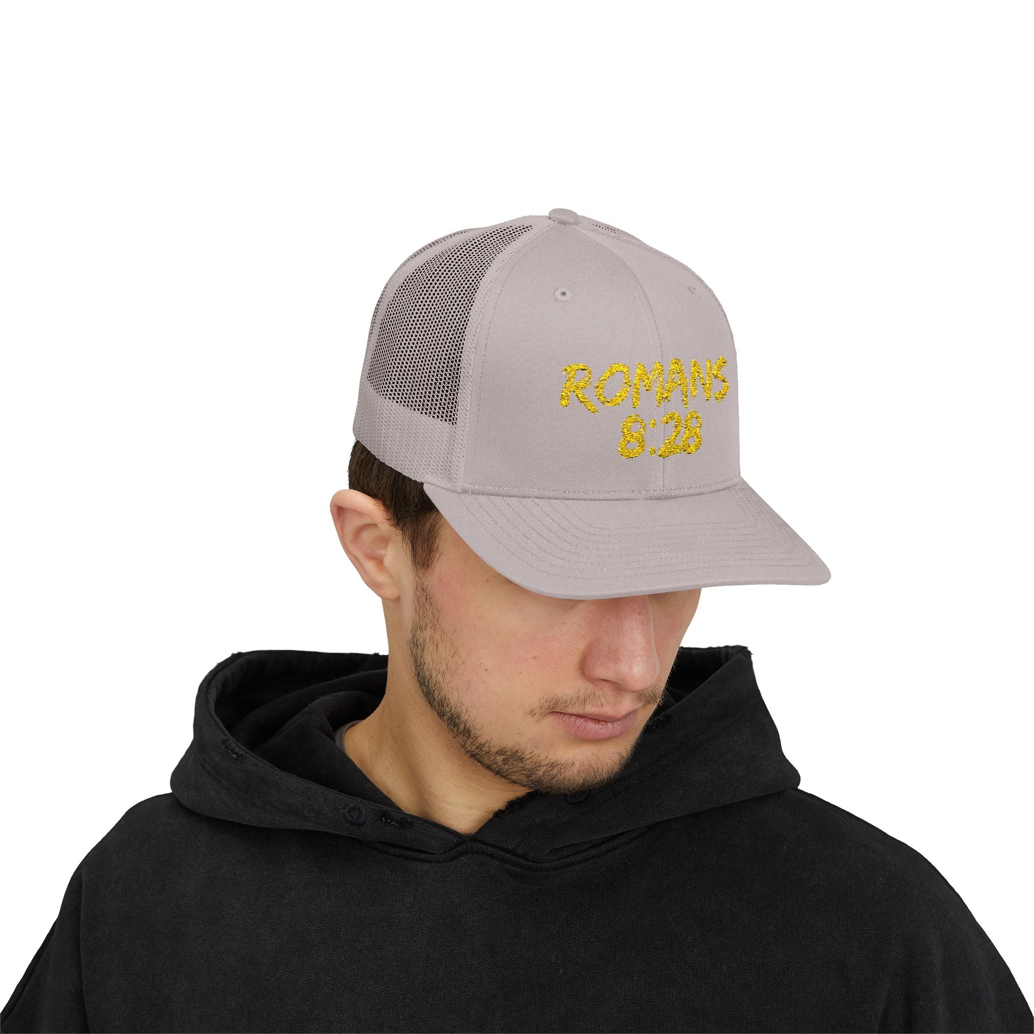 Romans 8:28 Trucker Cap — Christian Faith Snapback Hat Mesh Back