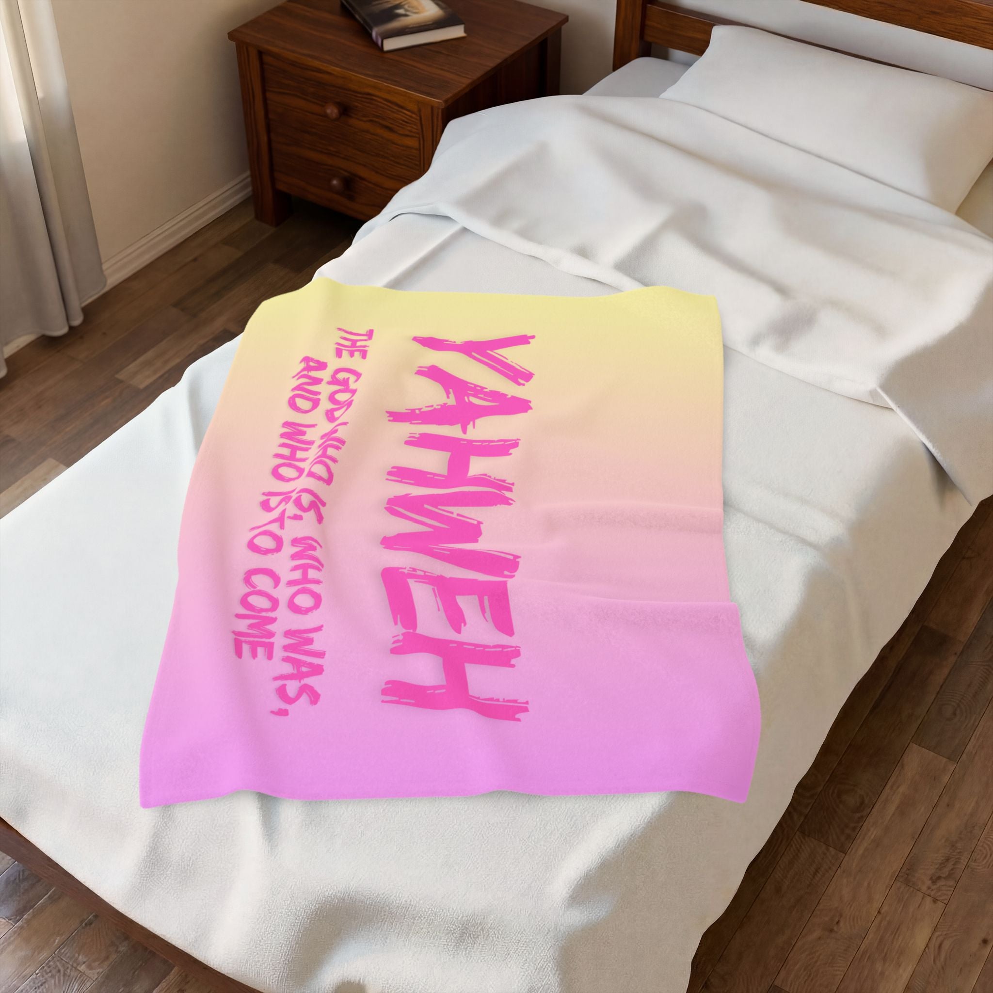 Yahweh Velveteen Plush Blanket – Pink Gradient Faith Throw with Scripture Text