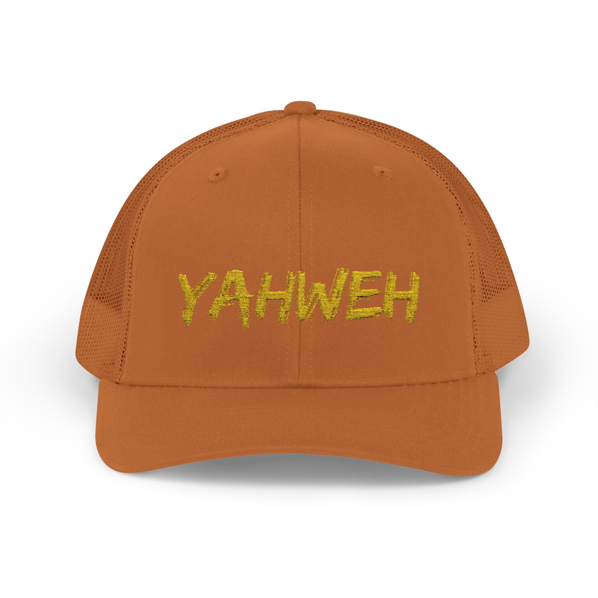 YAHWEH Gold Script Snapback Trucker Cap — Faith-Inspired Mesh Back Hat