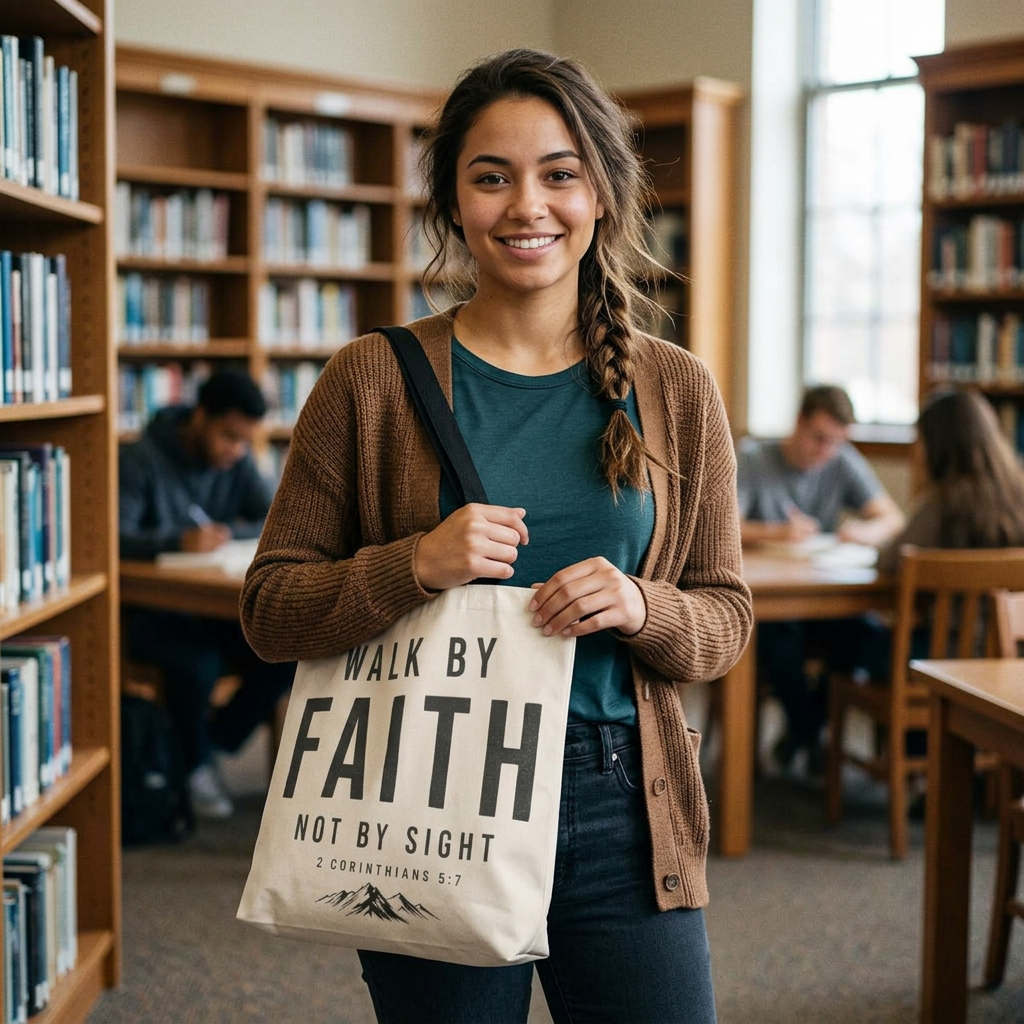 Faith Tote Bag — "Walk by Faith, Not by Sight" Inspirational Scripture Tote