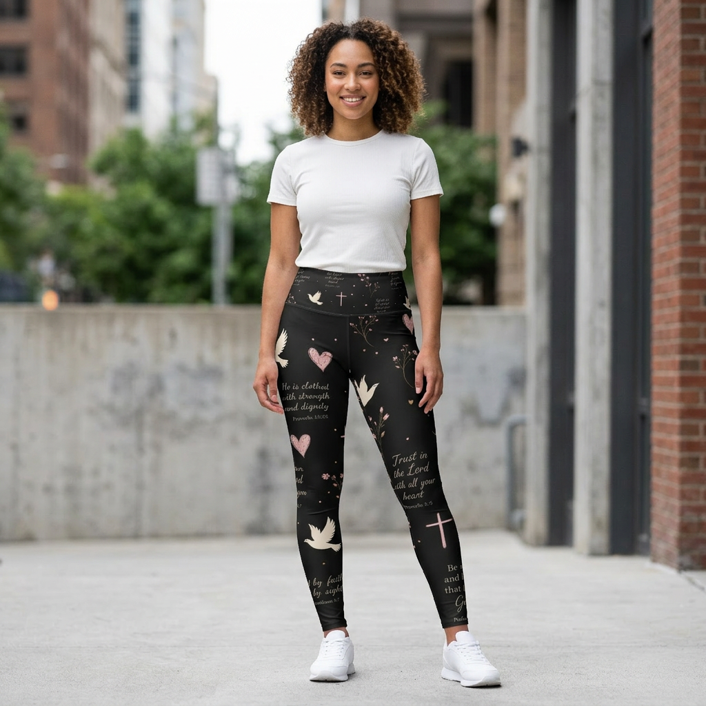 Faith-Inspired High Waisted Yoga Leggings — Dove, Cross & Scripture Print