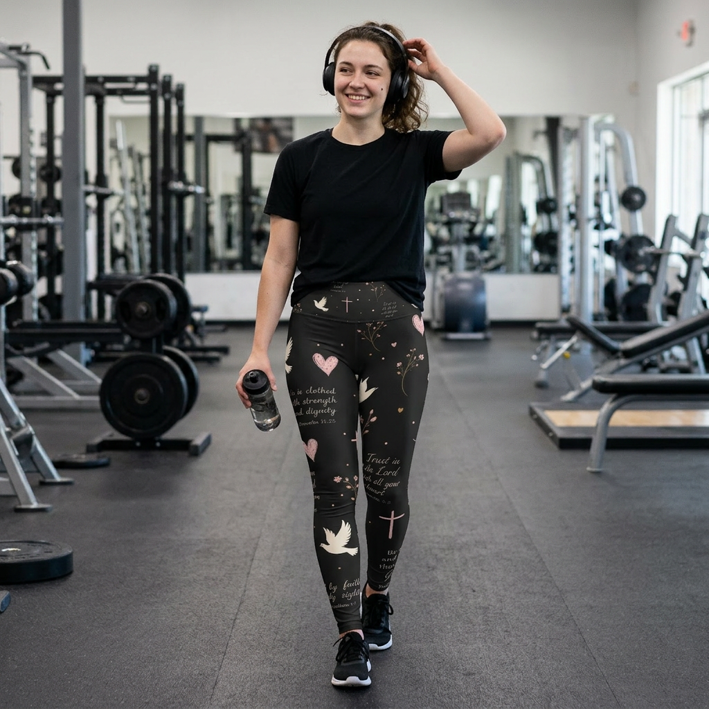 Faith-Inspired High Waisted Yoga Leggings — Dove, Cross & Scripture Print