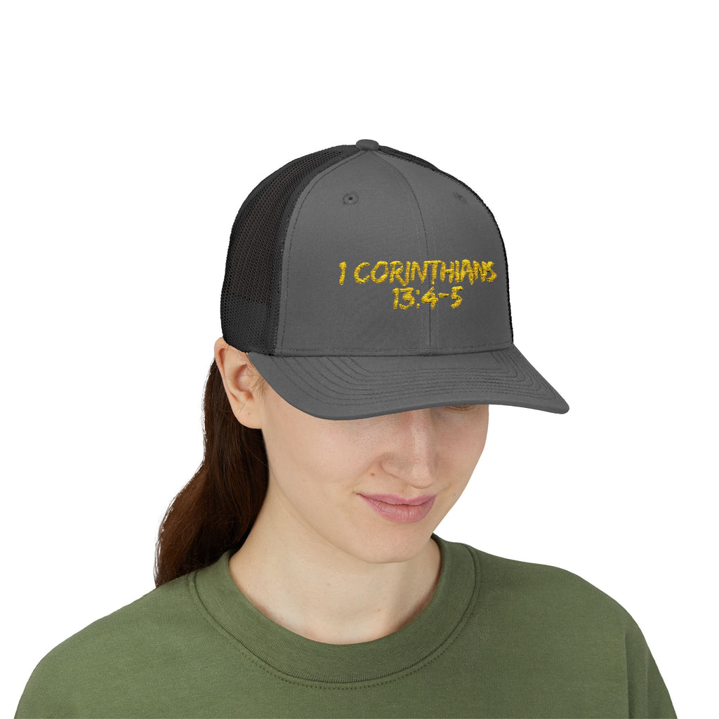 1 Corinthians 13:4-5 Trucker Cap — Customizable Mesh Back Hat