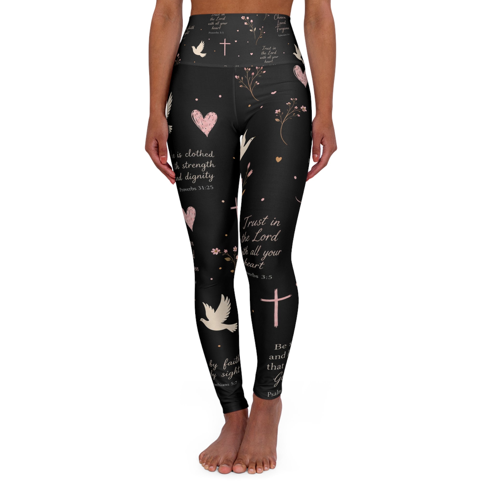 Faith-Inspired High Waisted Yoga Leggings — Dove, Cross & Scripture Print