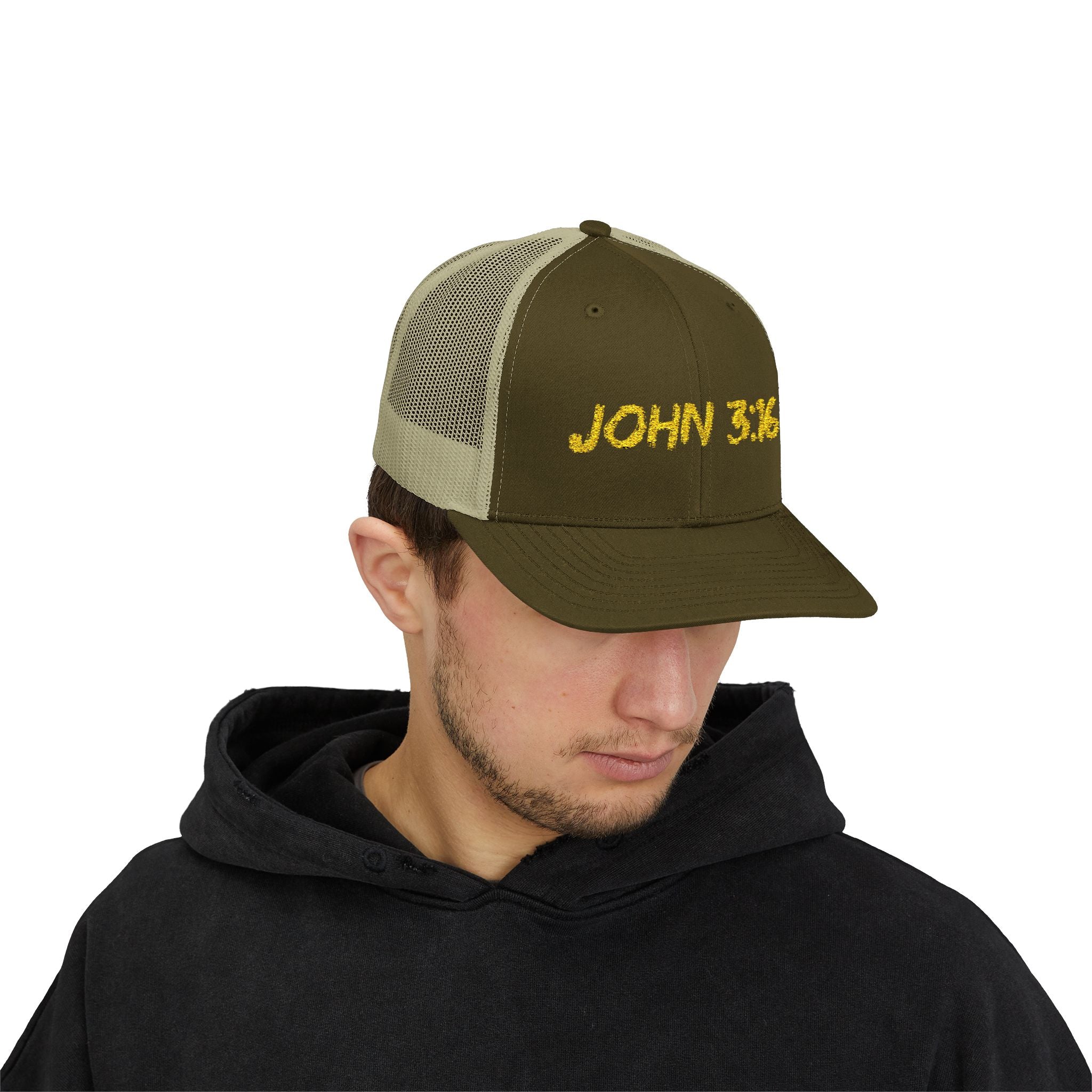 John 3:16 Trucker Cap — Embroidered Christian Snapback Mesh back Hat