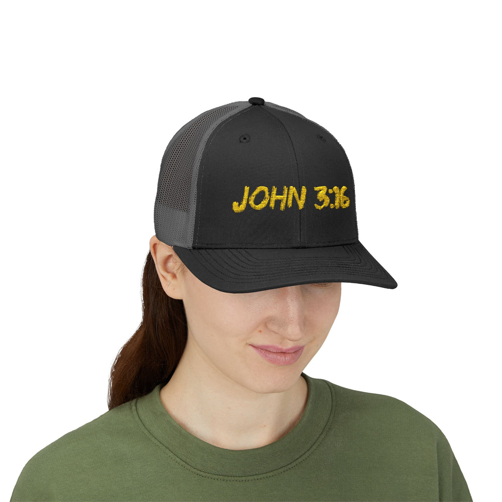 John 3:16 Trucker Cap — Embroidered Christian Snapback Mesh back Hat