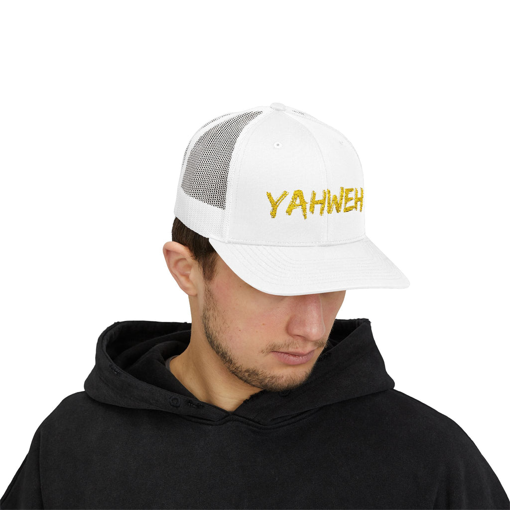 YAHWEH Gold Script Snapback Trucker Cap — Faith-Inspired Mesh Back Hat