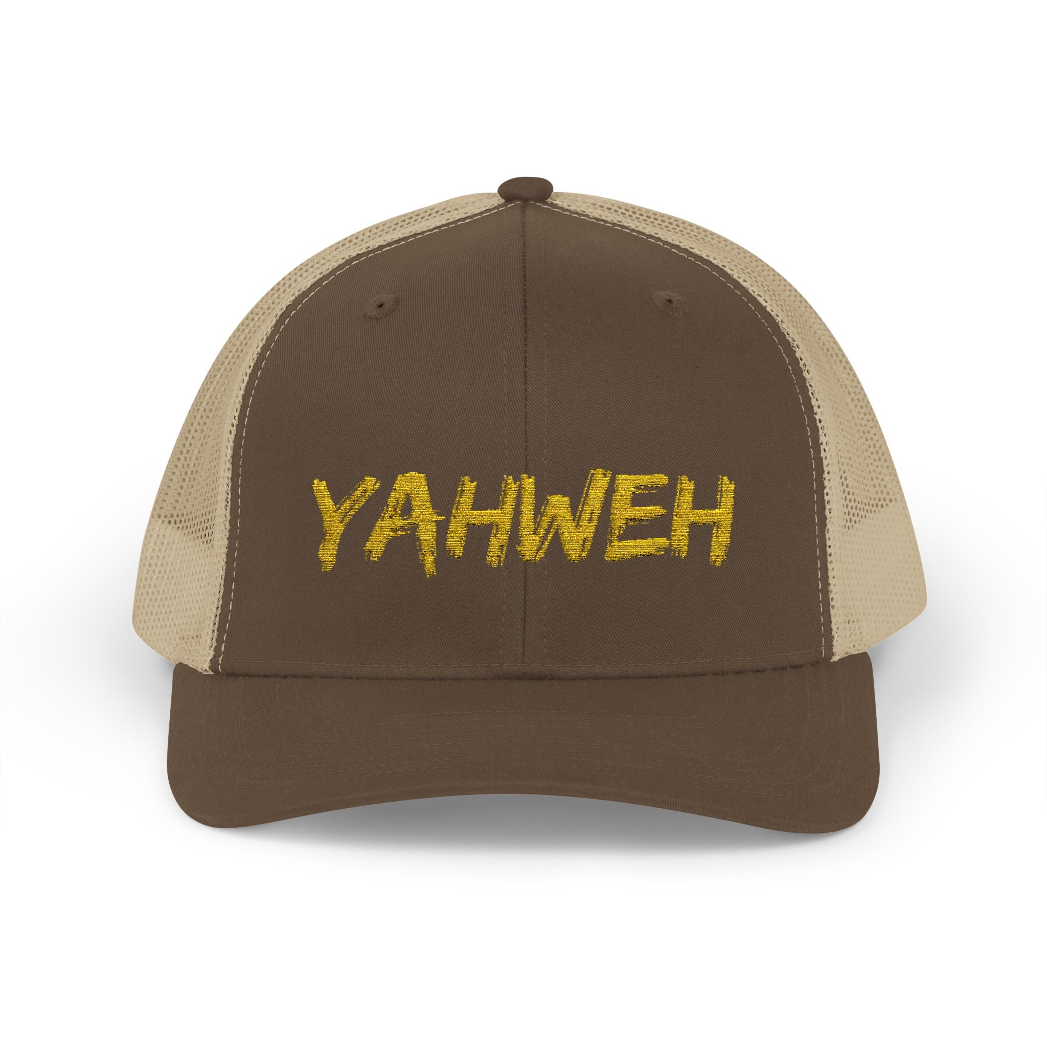 YAHWEH Gold Script Snapback Trucker Cap — Faith-Inspired Mesh Back Hat