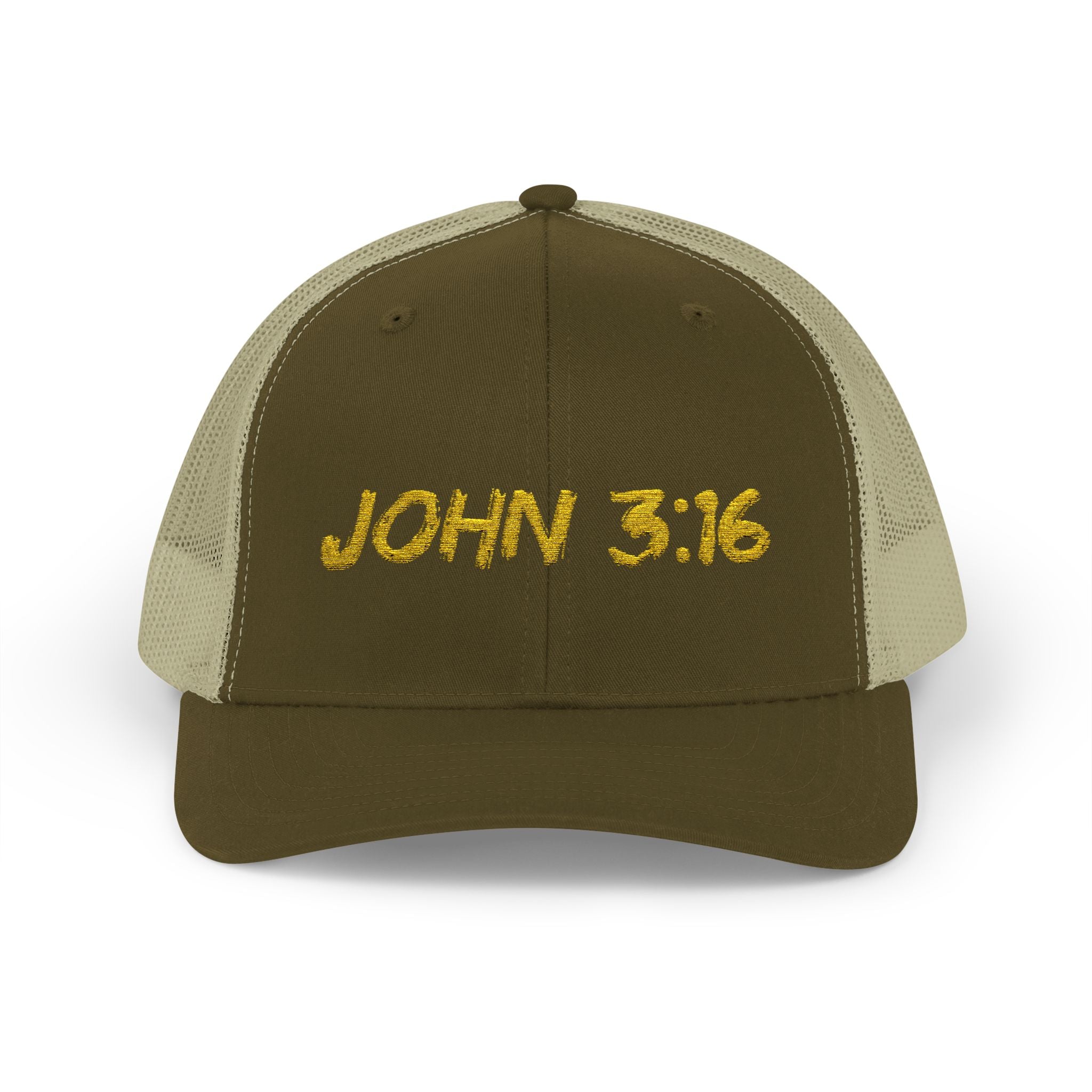 John 3:16 Trucker Cap — Embroidered Christian Snapback Mesh back Hat