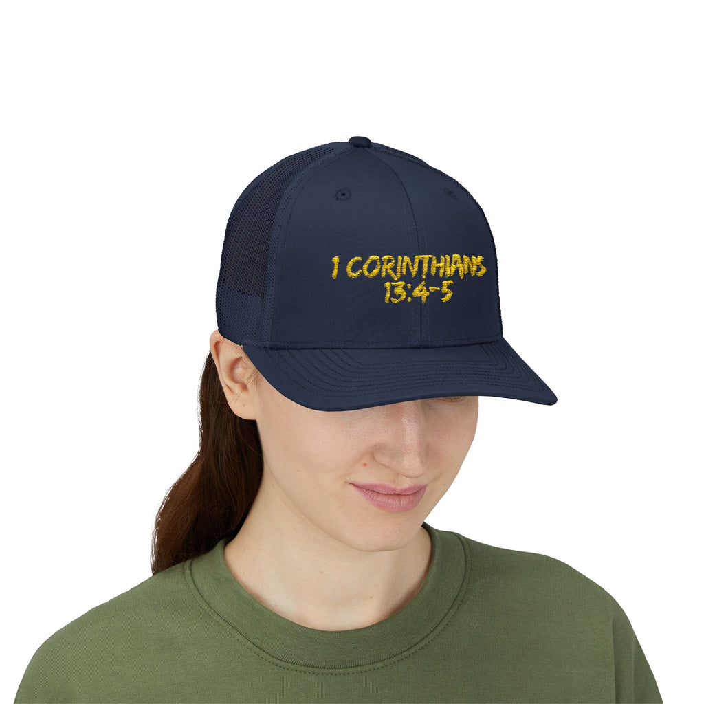 1 Corinthians 13:4-5 Trucker Cap — Customizable Mesh Back Hat
