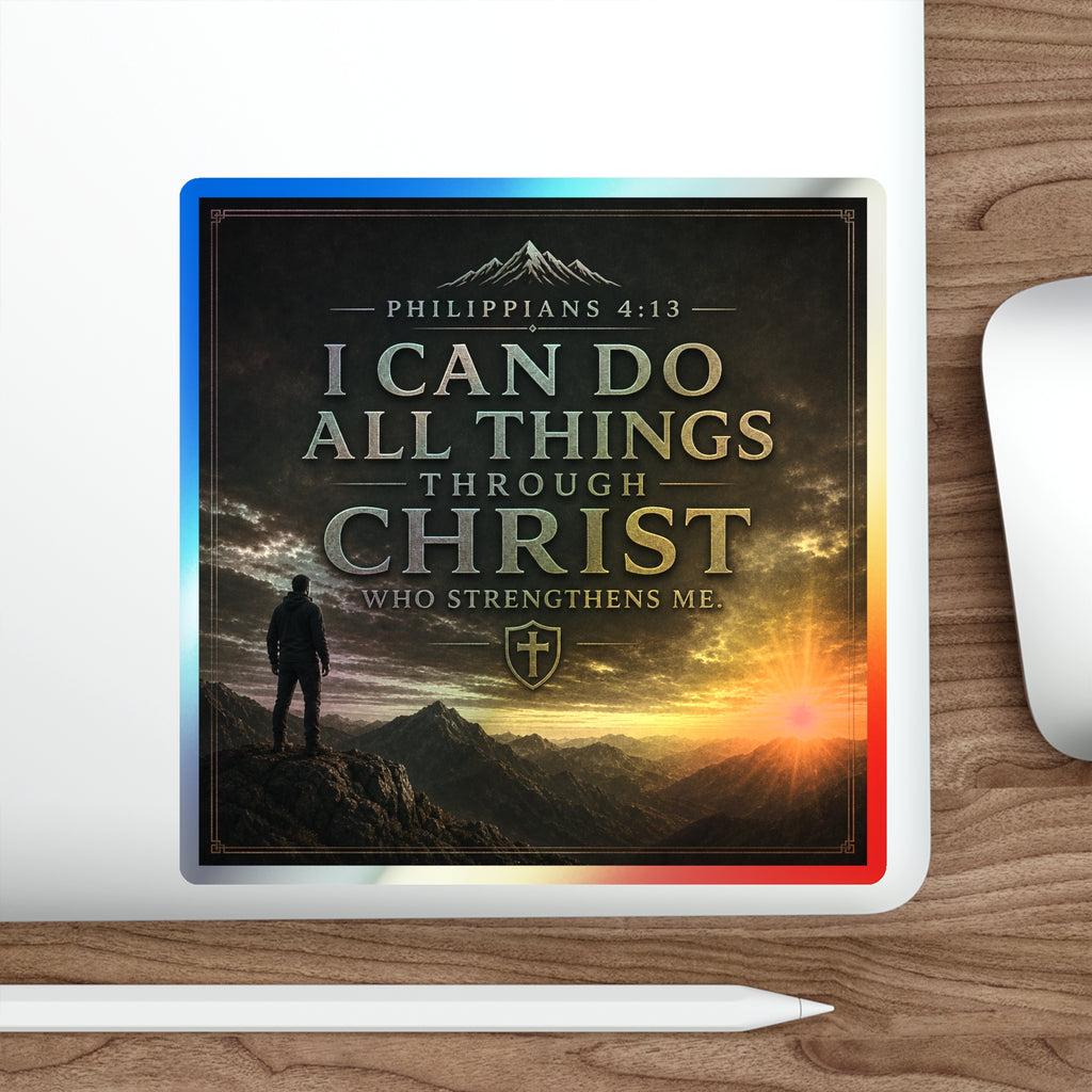 Holographic Die-Cut Sticker — "I Can Do All Things Through Christ" (Philippians 4:13)