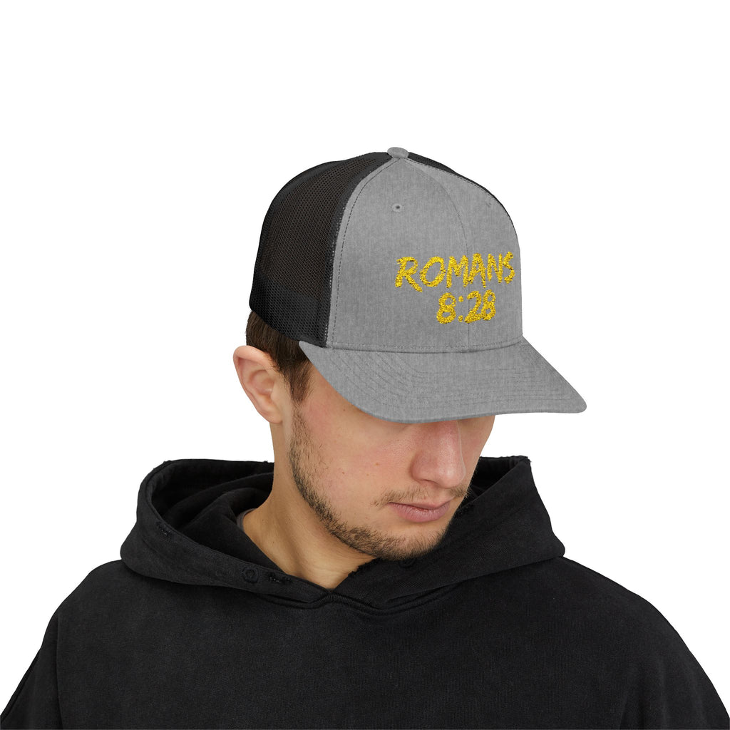 Romans 8:28 Trucker Cap — Christian Faith Snapback Hat Mesh Back