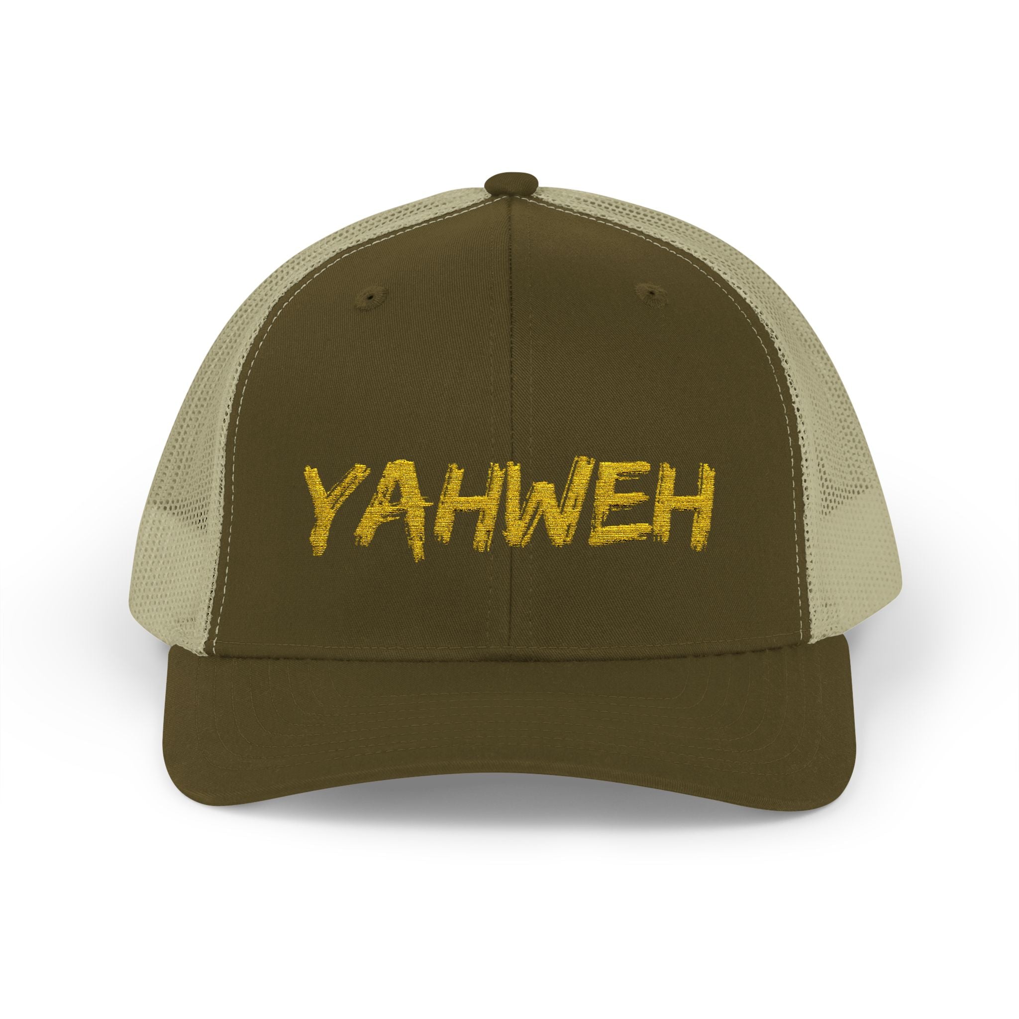 YAHWEH Gold Script Snapback Trucker Cap — Faith-Inspired Mesh Back Hat