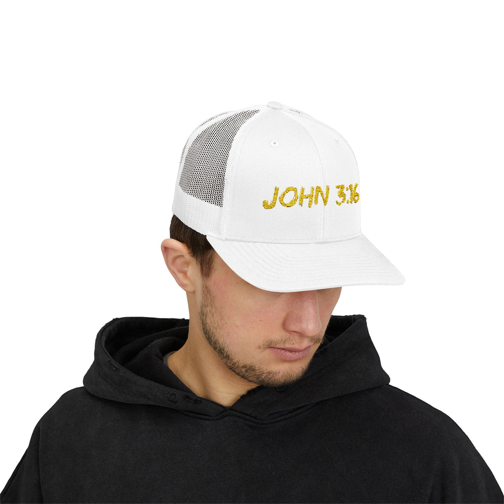 John 3:16 Trucker Cap — Embroidered Christian Snapback Mesh back Hat