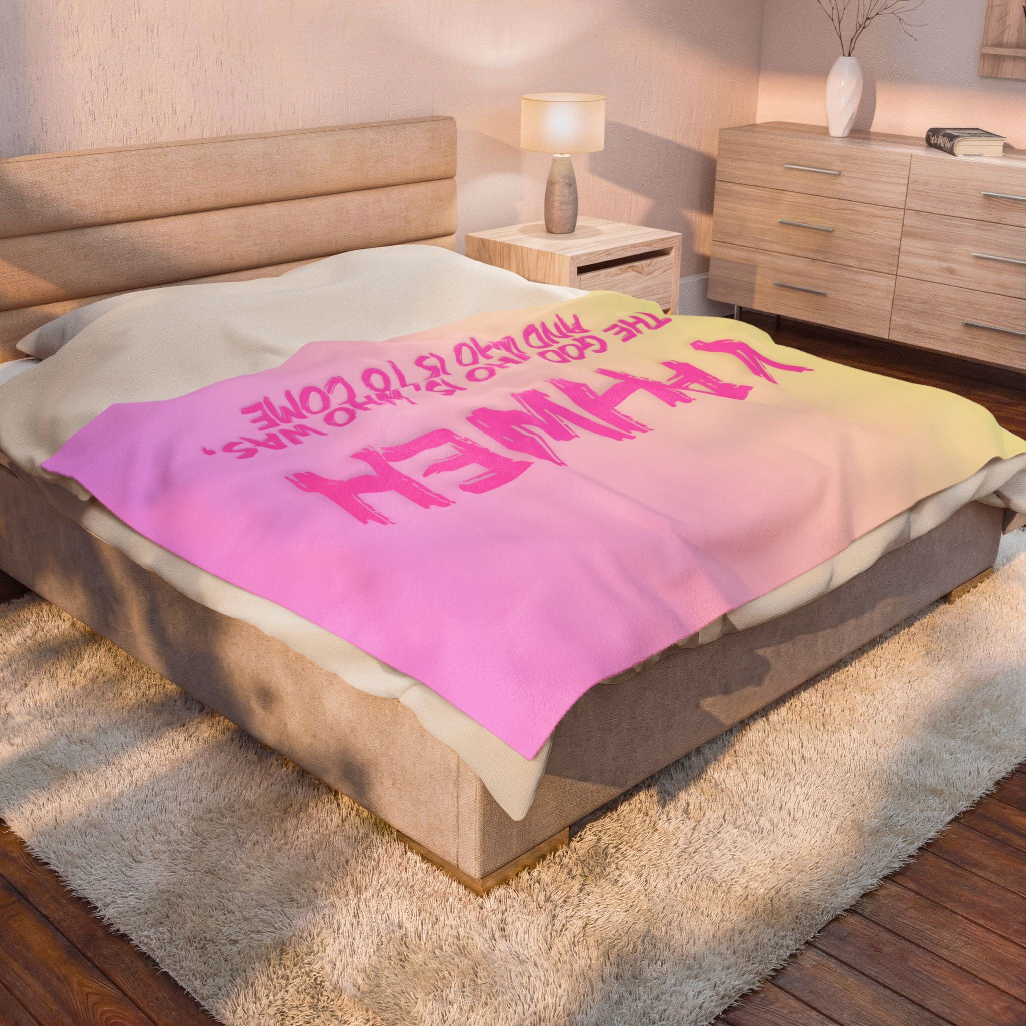 Yahweh Velveteen Plush Blanket – Pink Gradient Faith Throw with Scripture Text