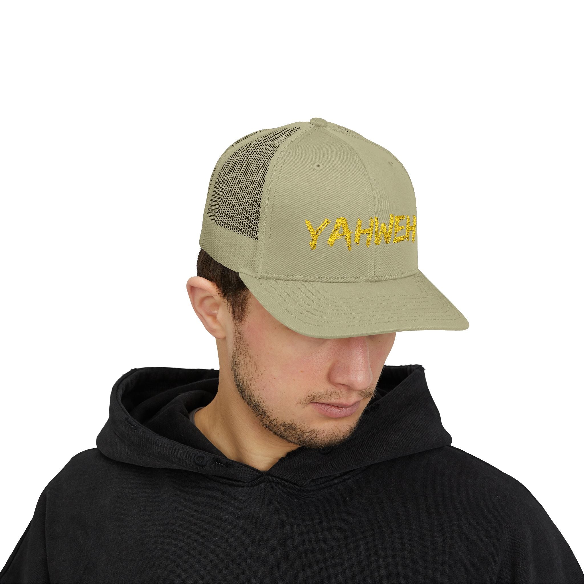 YAHWEH Gold Script Snapback Trucker Cap — Faith-Inspired Mesh Back Hat