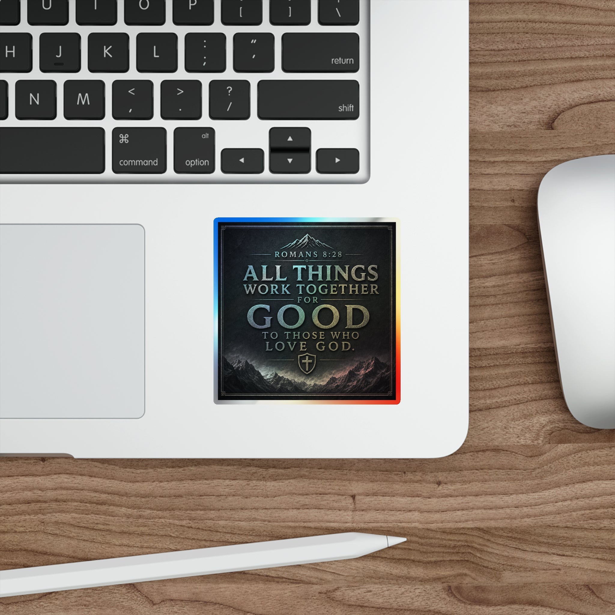 Holographic Faith Sticker — "All Things Work Together for Good" (Romans 8:28)