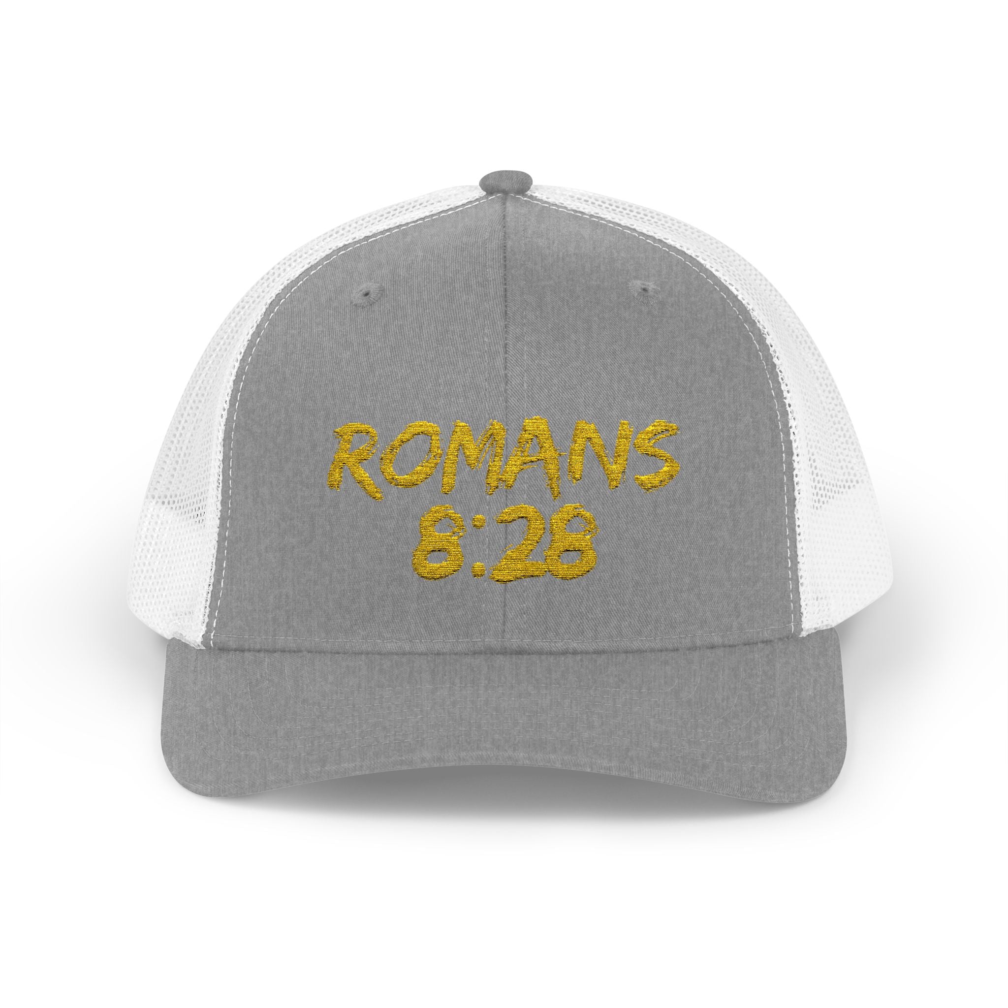Romans 8:28 Trucker Cap — Christian Faith Snapback Hat Mesh Back