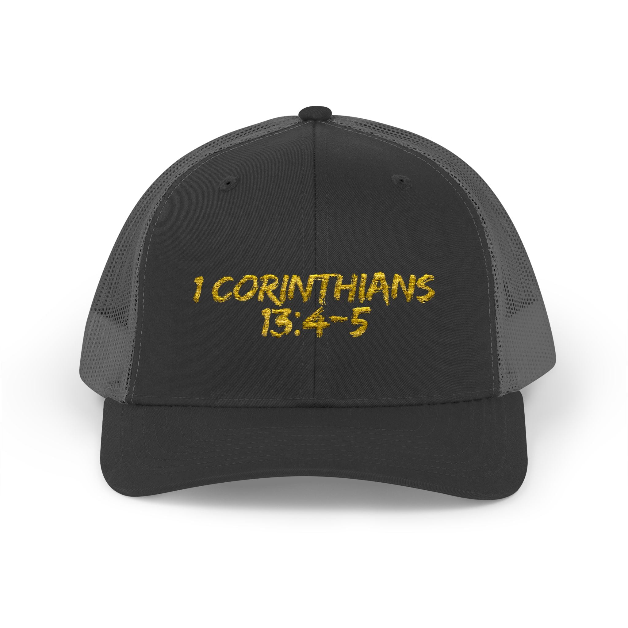 1 Corinthians 13:4-5 Trucker Cap — Customizable Mesh Back Hat