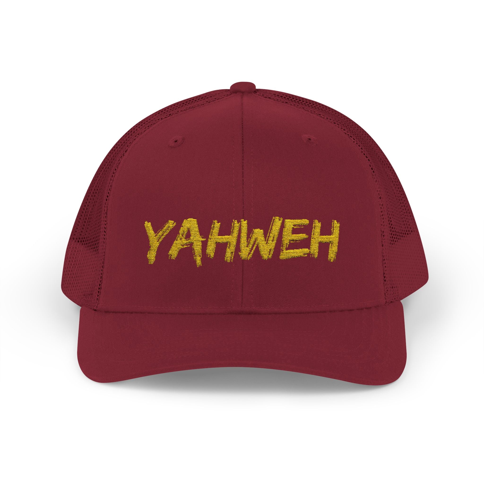 YAHWEH Gold Script Snapback Trucker Cap — Faith-Inspired Mesh Back Hat