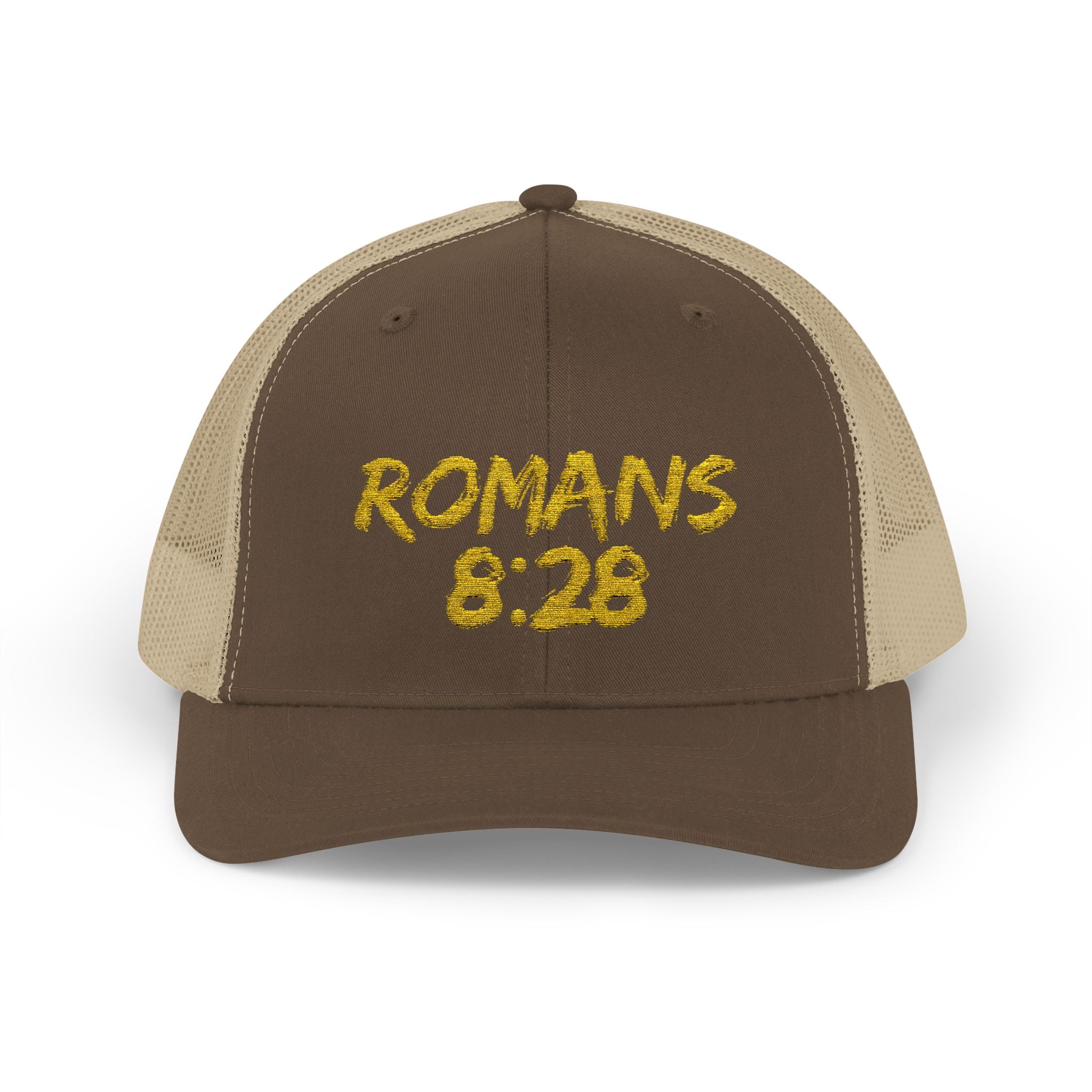 Romans 8:28 Trucker Cap — Christian Faith Snapback Hat Mesh Back