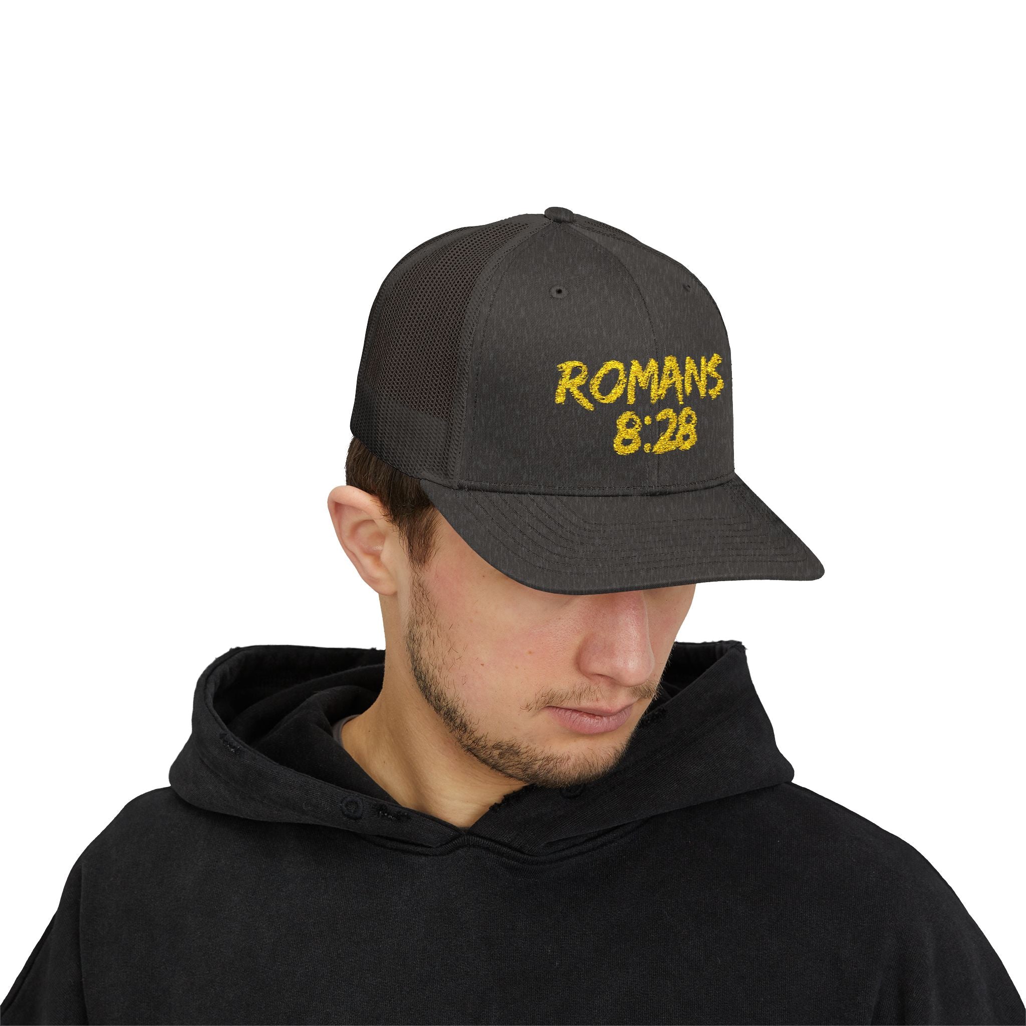Romans 8:28 Trucker Cap — Christian Faith Snapback Hat Mesh Back