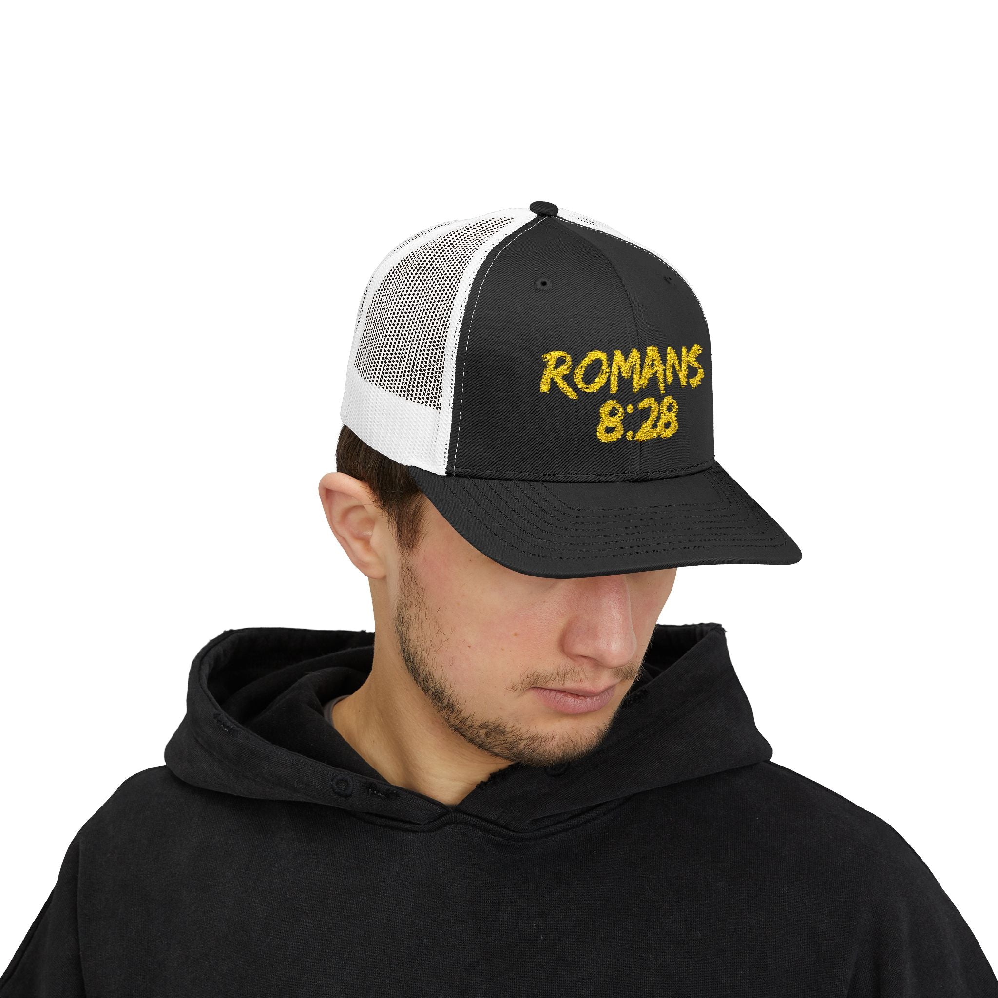 Romans 8:28 Trucker Cap — Christian Faith Snapback Hat Mesh Back