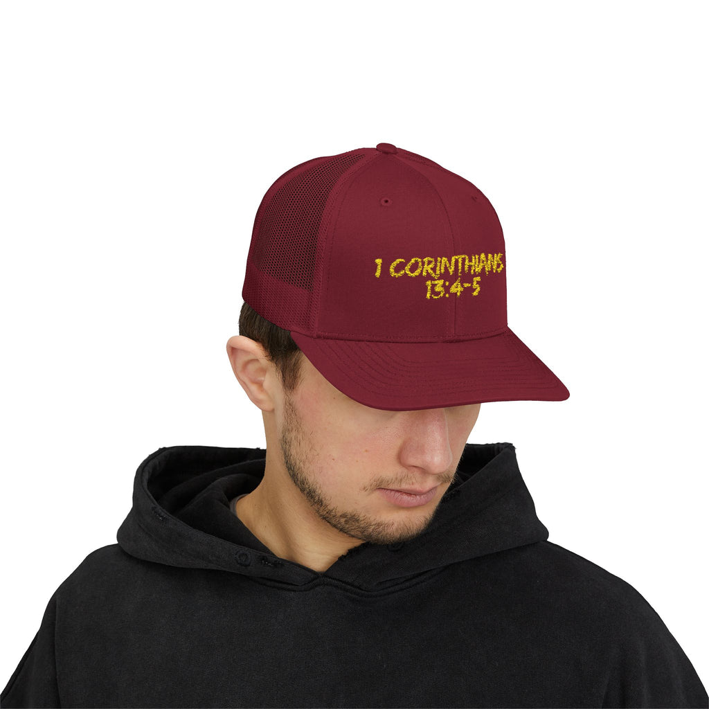 1 Corinthians 13:4-5 Trucker Cap — Customizable Mesh Back Hat