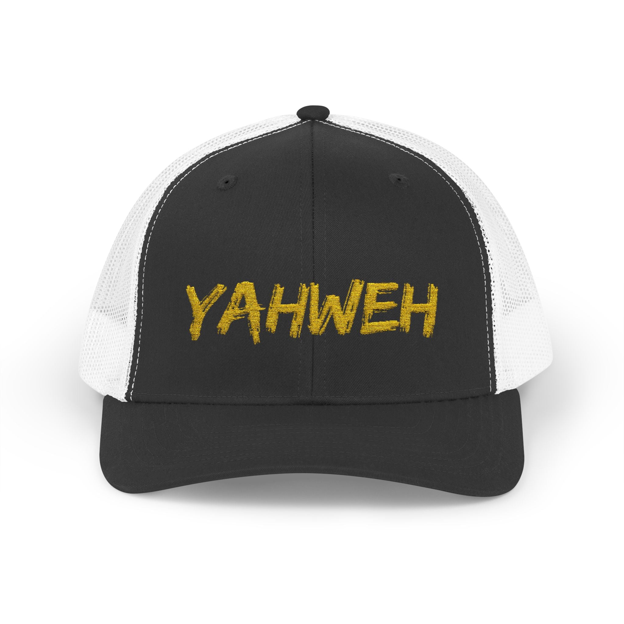 YAHWEH Gold Script Snapback Trucker Cap — Faith-Inspired Mesh Back Hat