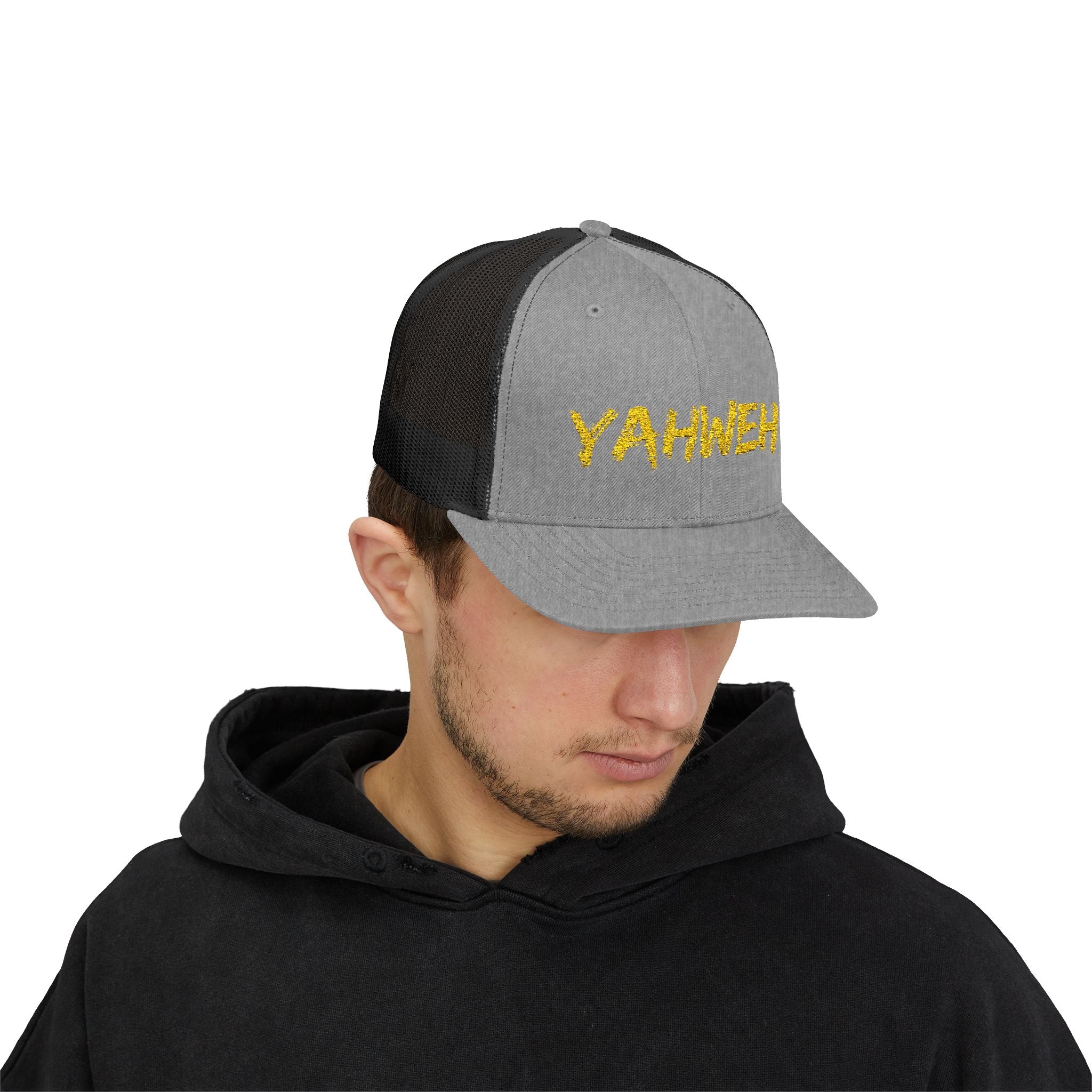 YAHWEH Gold Script Snapback Trucker Cap — Faith-Inspired Mesh Back Hat