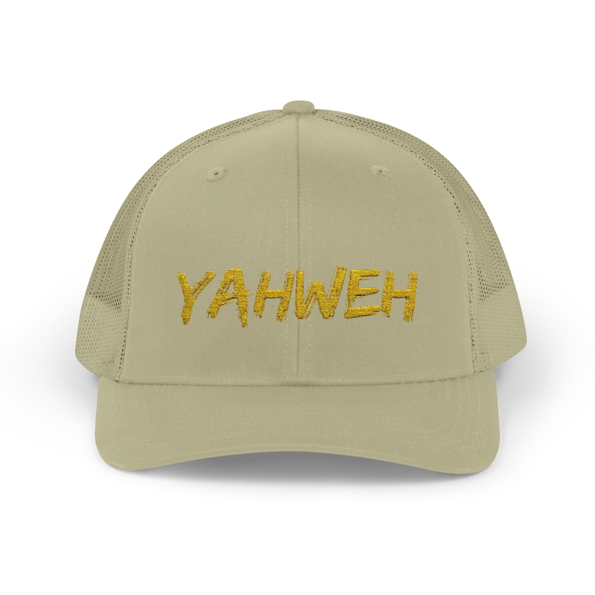 YAHWEH Gold Script Snapback Trucker Cap — Faith-Inspired Mesh Back Hat