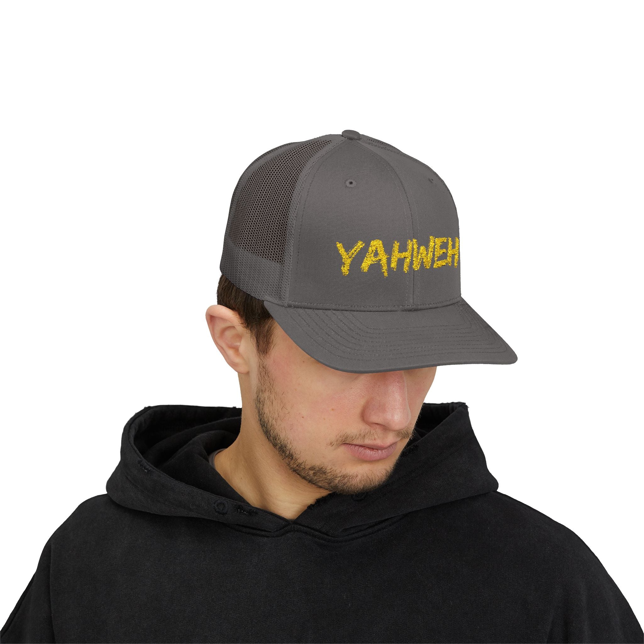 YAHWEH Gold Script Snapback Trucker Cap — Faith-Inspired Mesh Back Hat