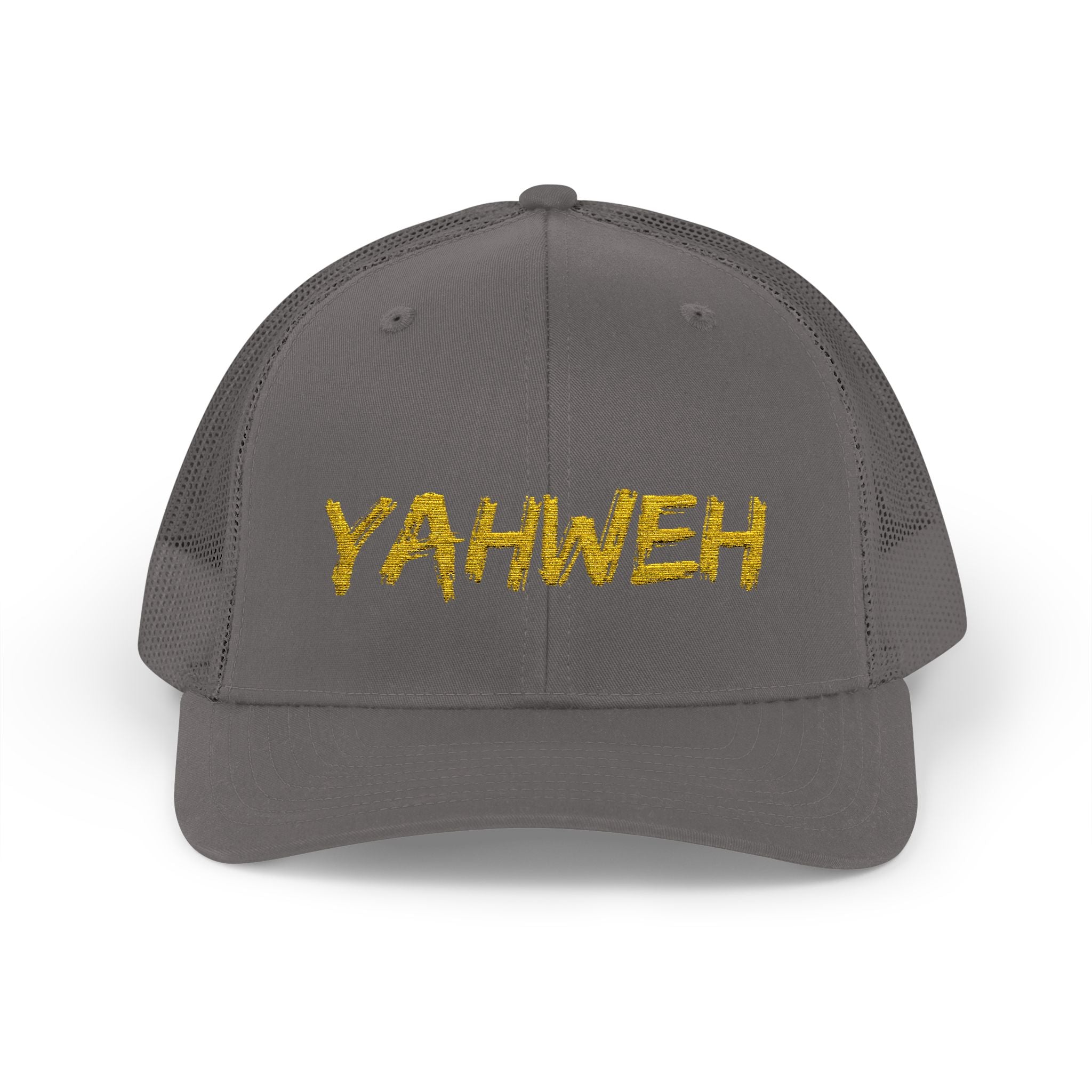 YAHWEH Gold Script Snapback Trucker Cap — Faith-Inspired Mesh Back Hat