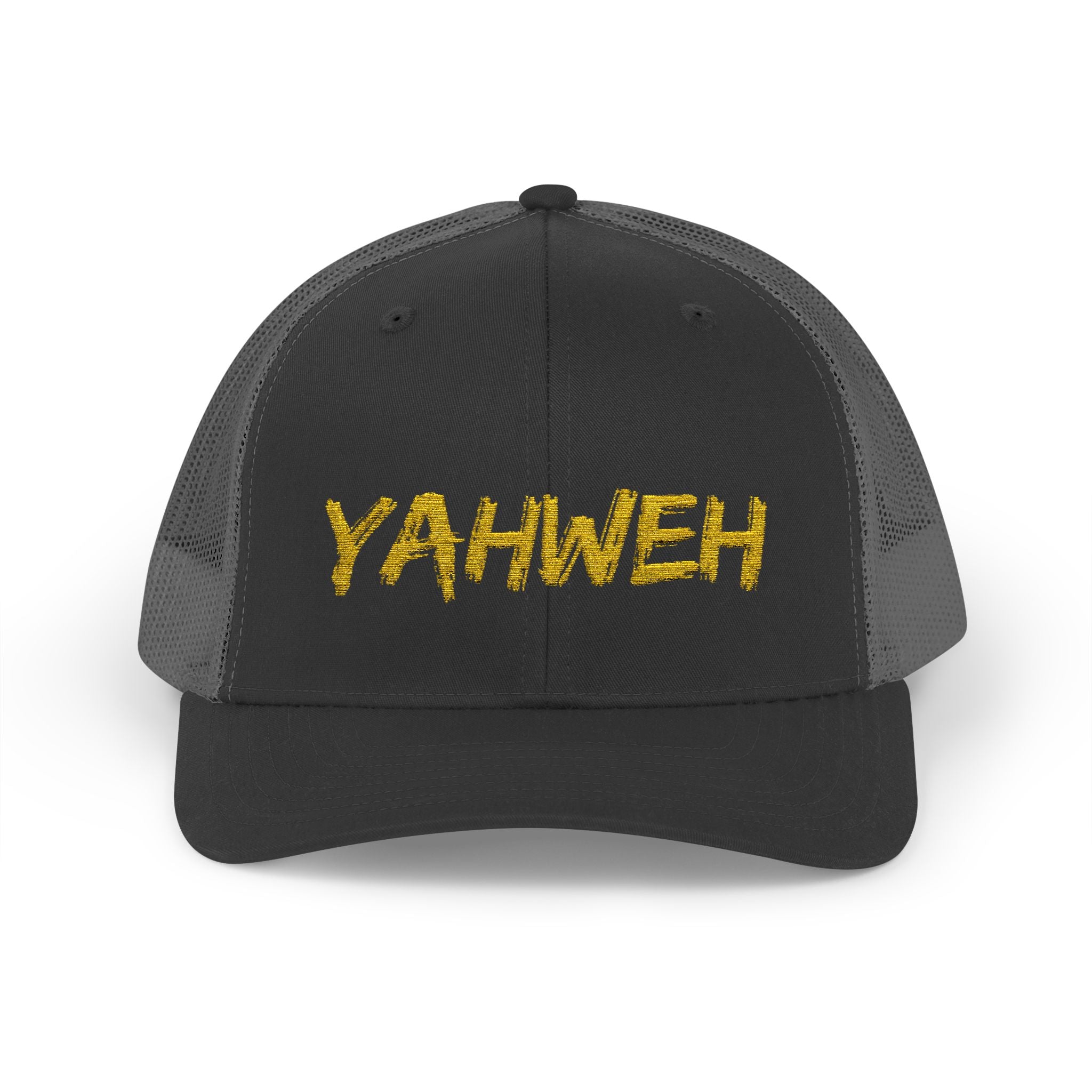 YAHWEH Gold Script Snapback Trucker Cap — Faith-Inspired Mesh Back Hat