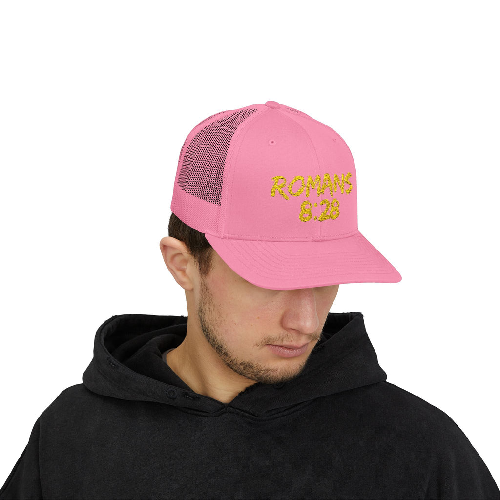 Romans 8:28 Trucker Cap — Christian Faith Snapback Hat Mesh Back