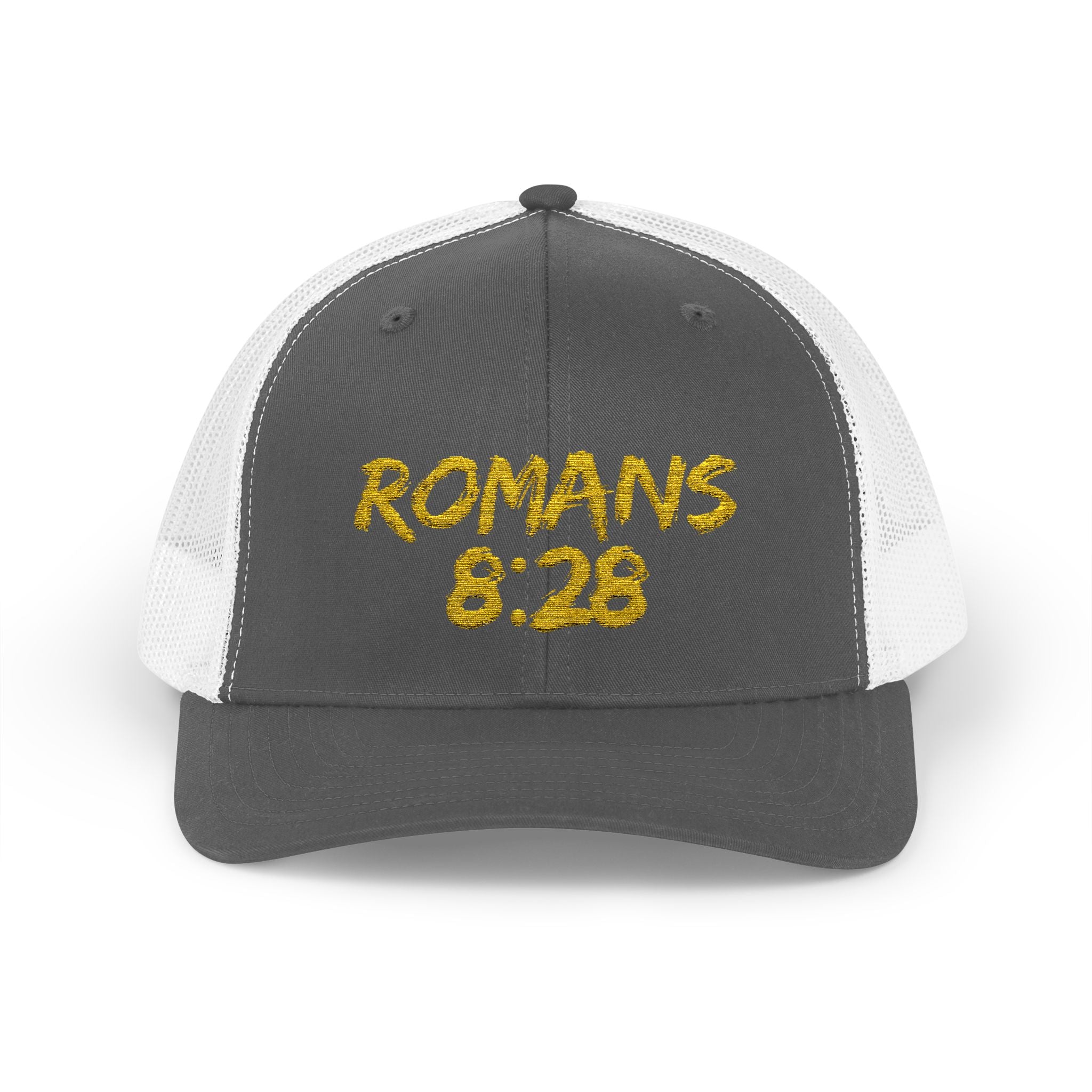 Romans 8:28 Trucker Cap — Christian Faith Snapback Hat Mesh Back