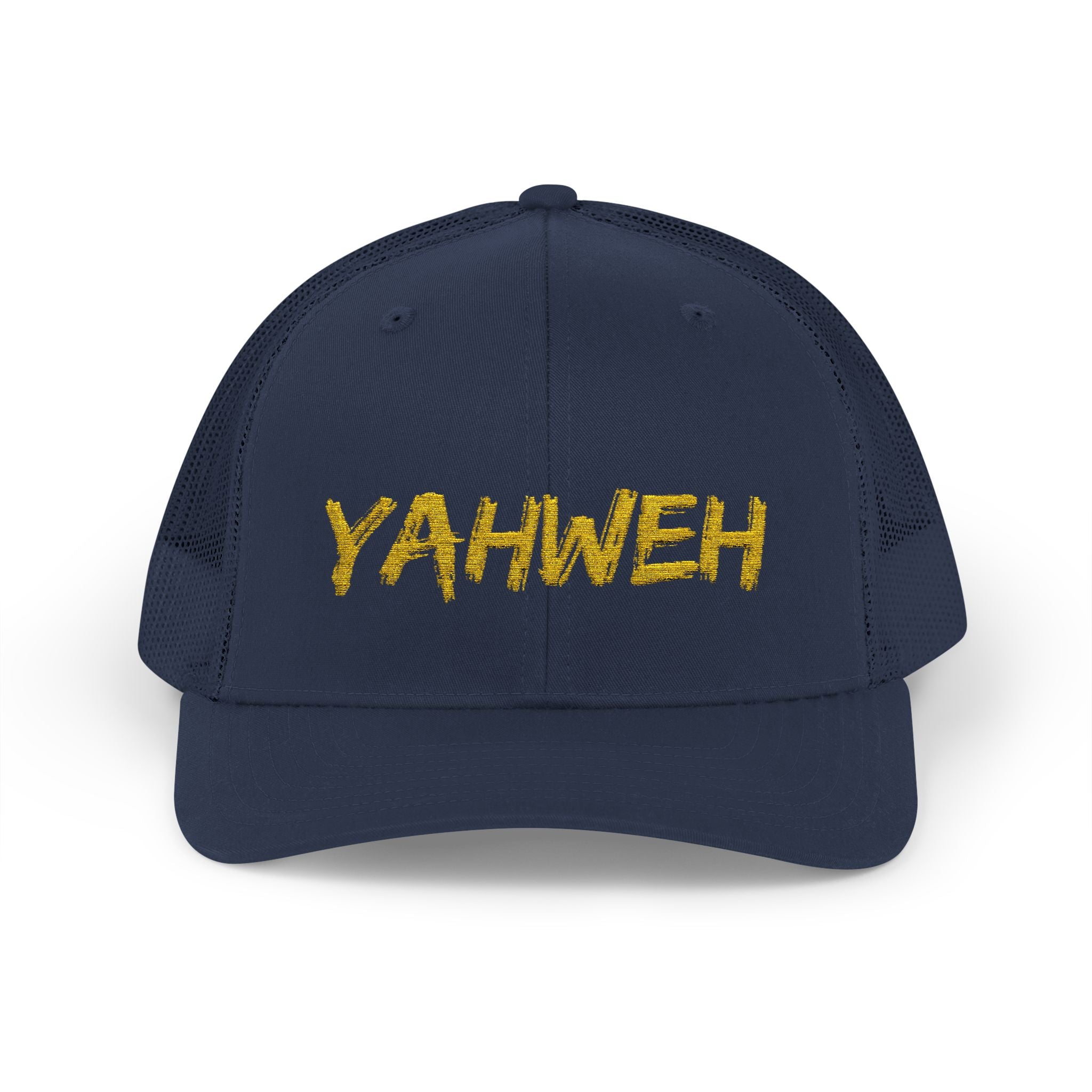 YAHWEH Gold Script Snapback Trucker Cap — Faith-Inspired Mesh Back Hat