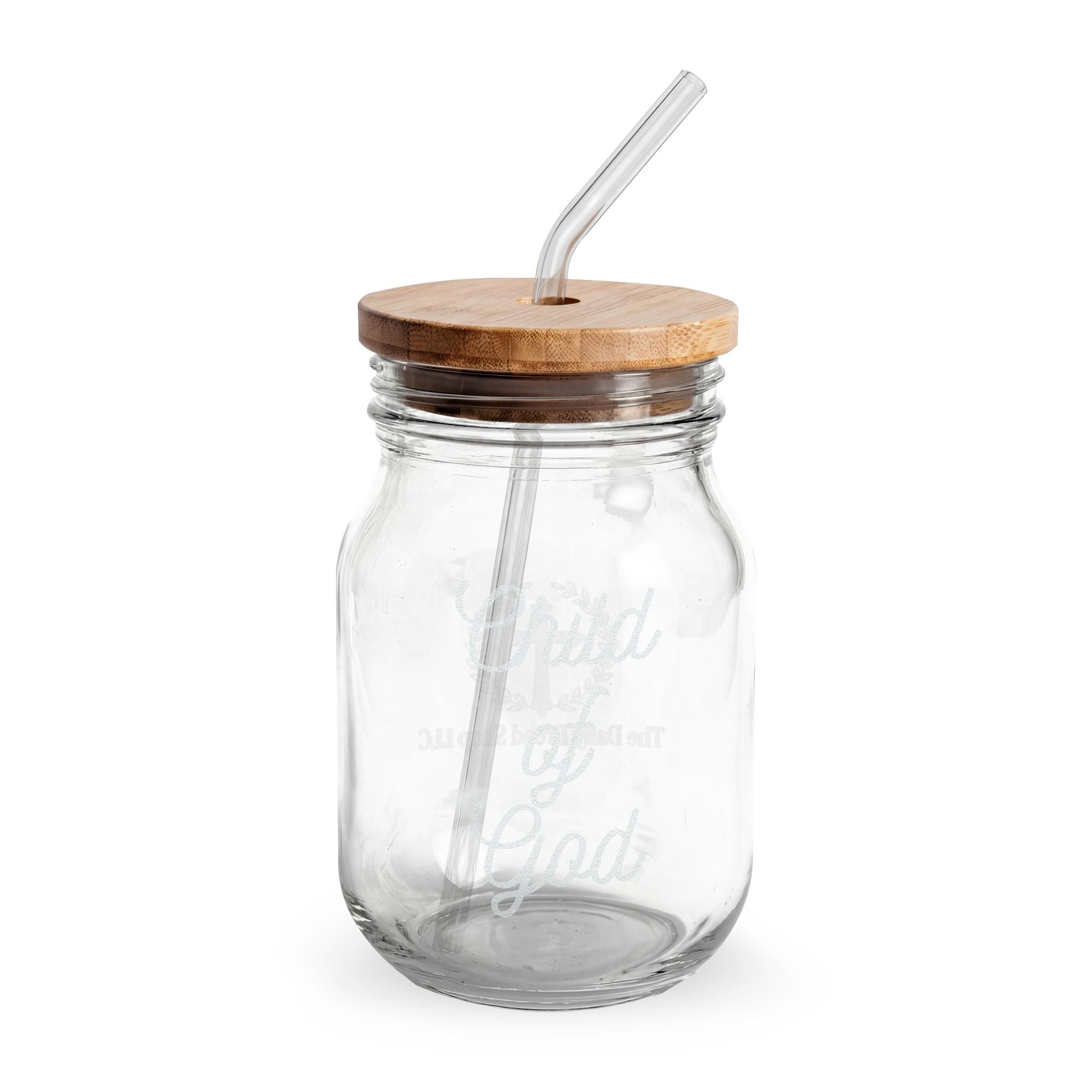 Engraved 16oz Glass Sipper Jar with Bamboo Lid & Straw — 'Child of God' Faith Design (Customizable)