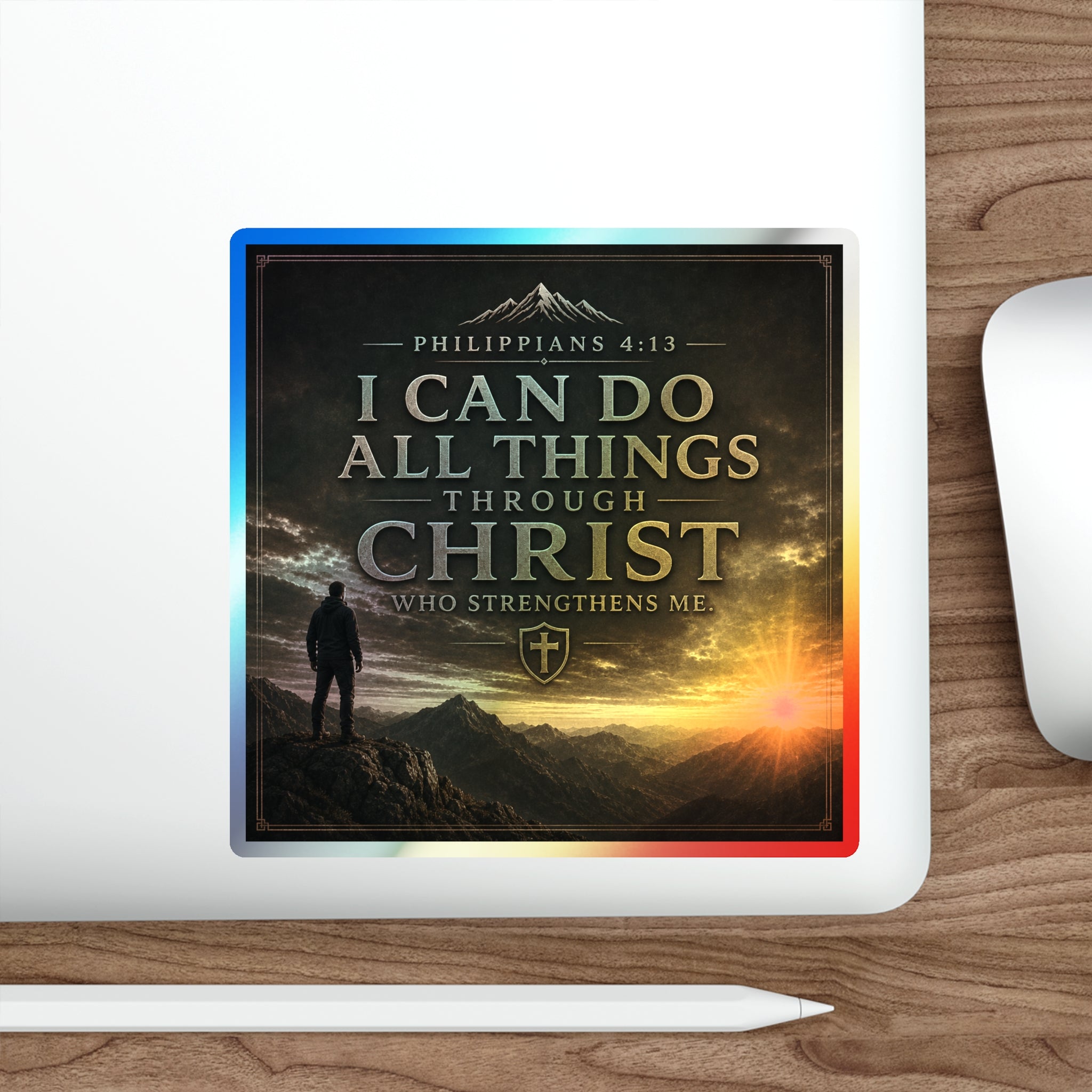 Holographic Die-Cut Sticker — "I Can Do All Things Through Christ" (Philippians 4:13)