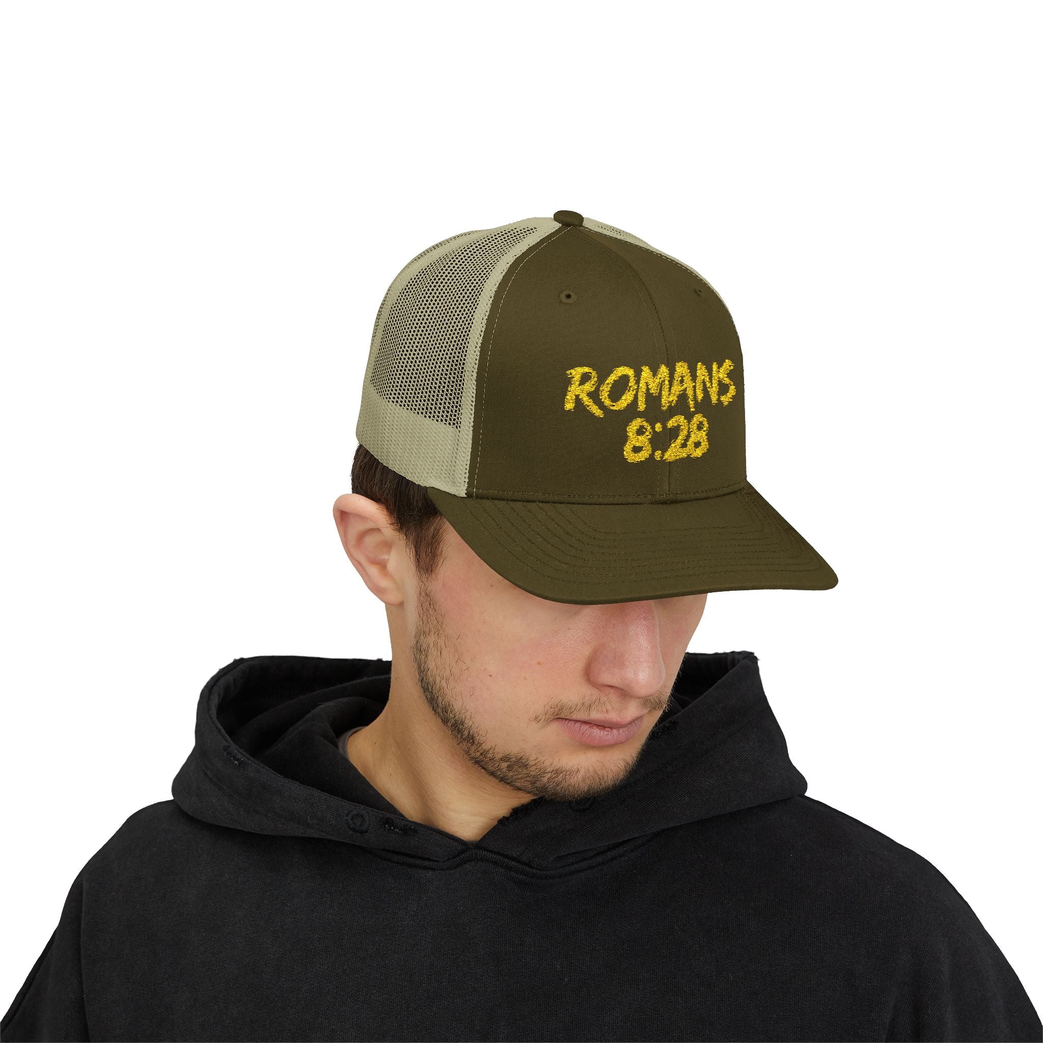 Romans 8:28 Trucker Cap — Christian Faith Snapback Hat Mesh Back