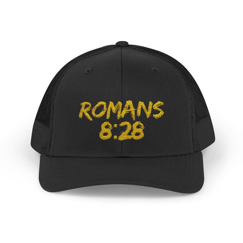 Romans 8:28 Trucker Cap — Christian Faith Snapback Hat Mesh Back