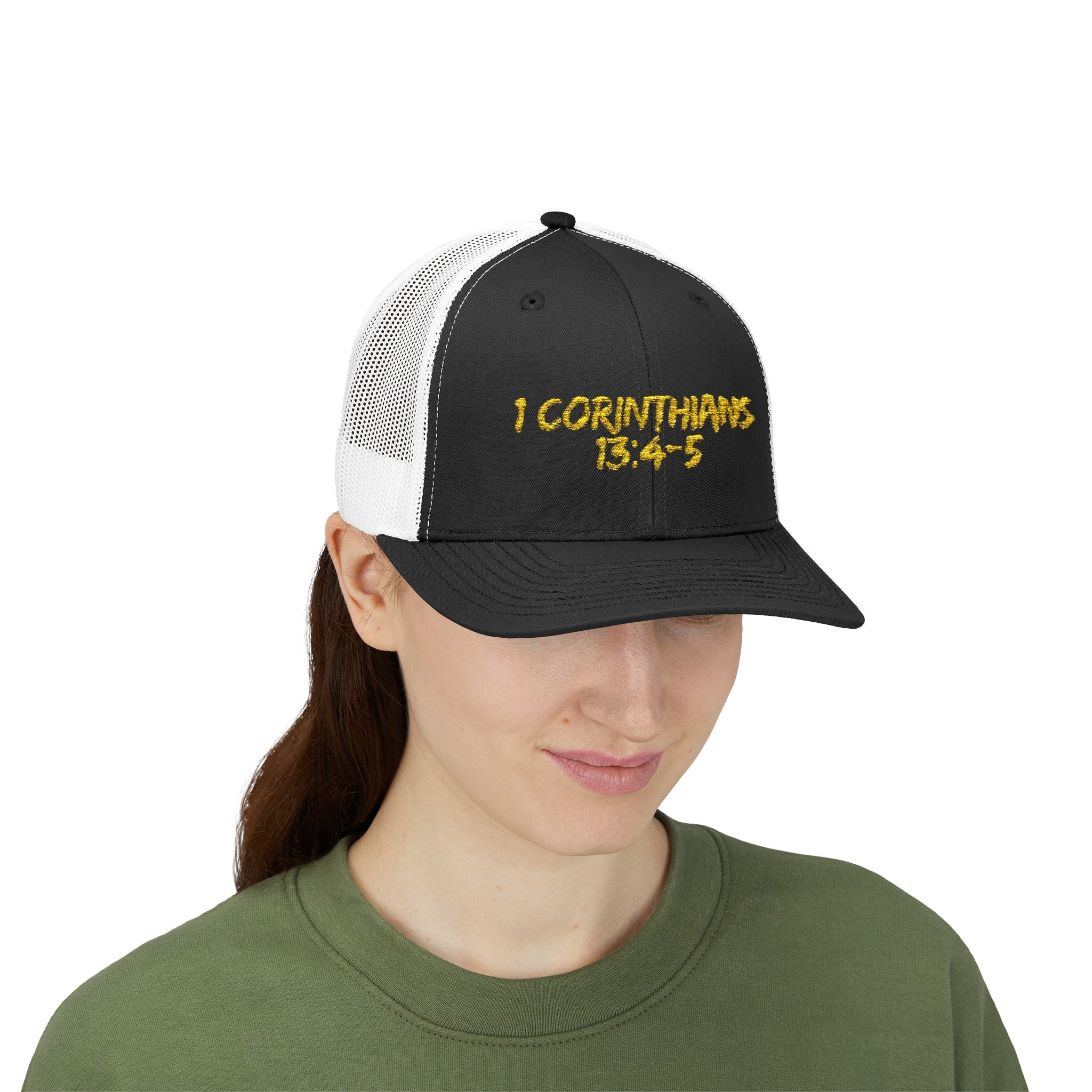 1 Corinthians 13:4-5 Trucker Cap — Customizable Mesh Back Hat